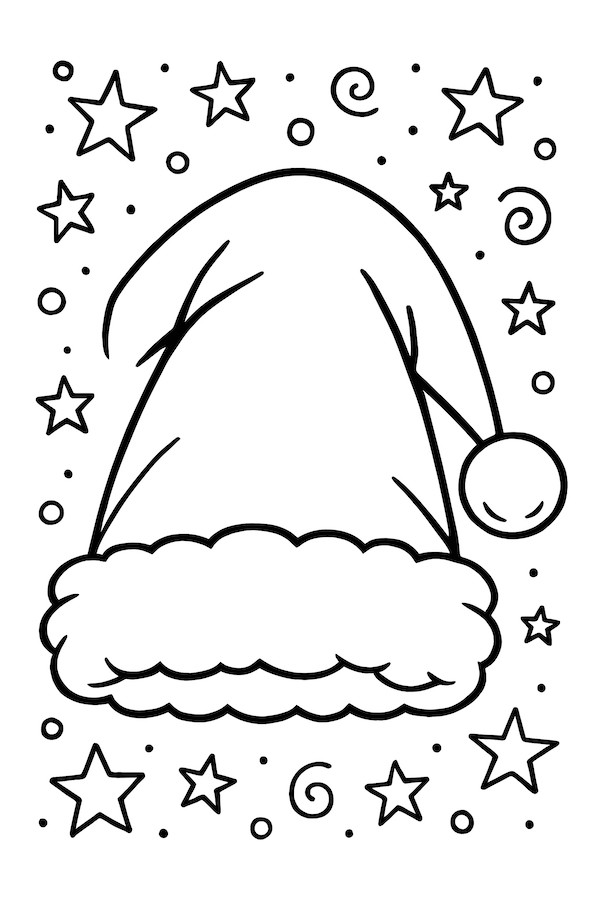 Coloring page of Santa's traditional red hat featuring a white pompom, surrounded by stars and swirling elements