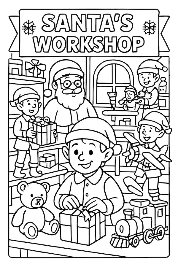 Coloring page of Santa's workshop filled with elves preparing toys and gifts, including a teddy bear and toy train