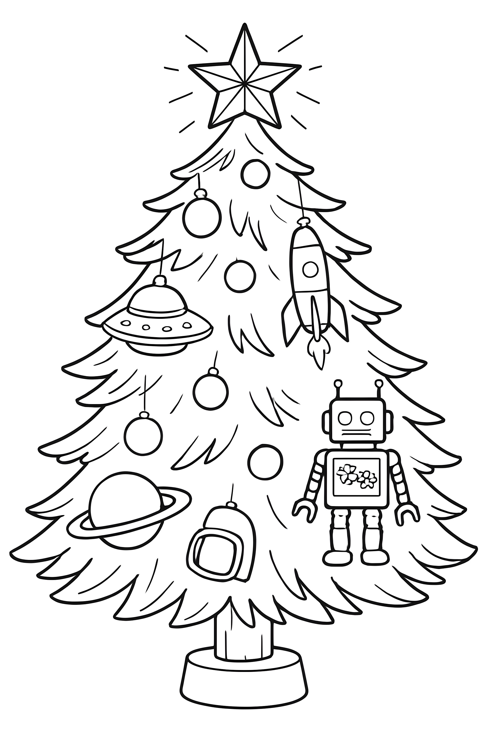 A Christmas tree adorned with sci-fi themed ornaments, including rockets, a UFO, a robot, and planets, topped with a star.