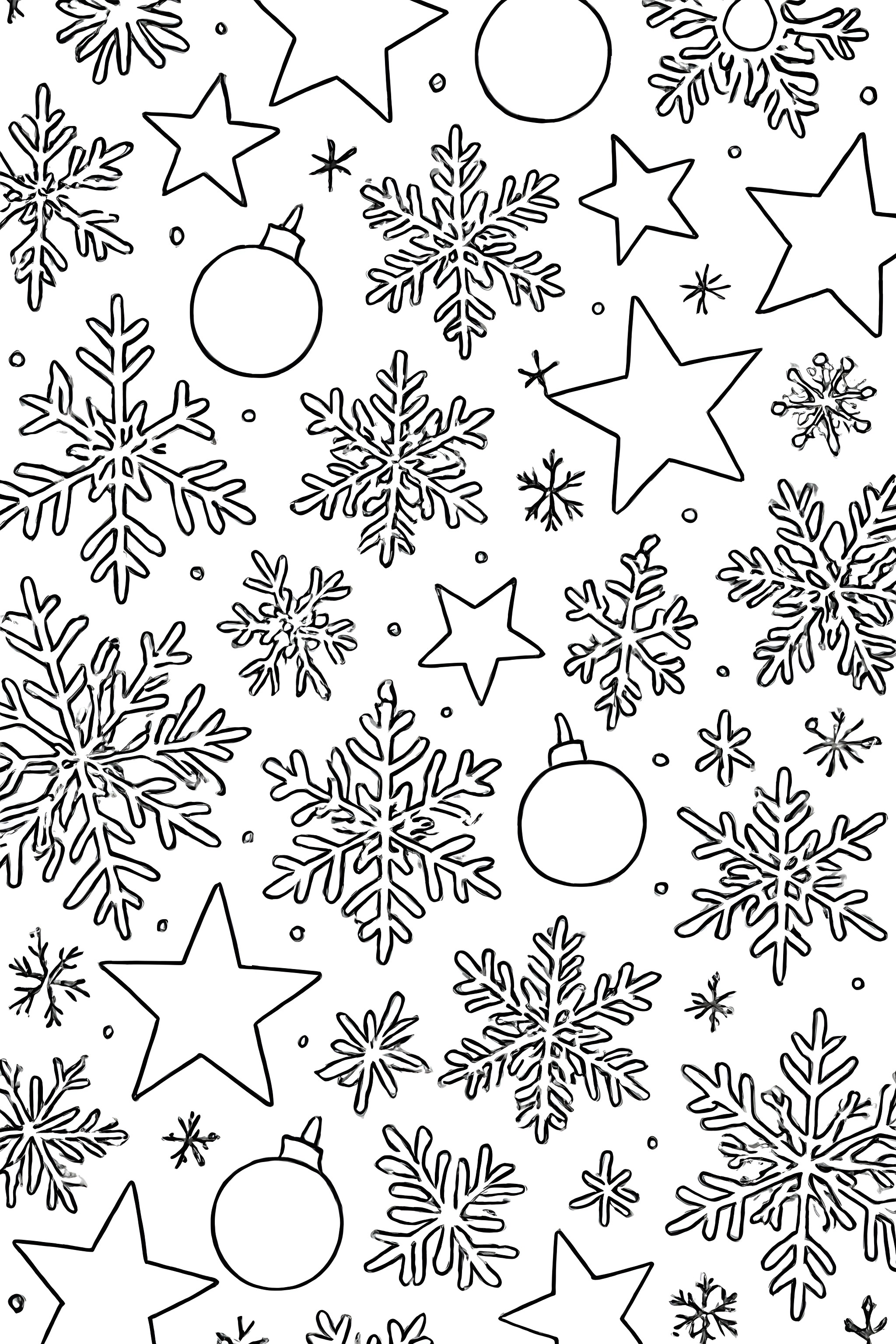 A seamless pattern of snowflakes, stars, and round ornaments in various sizes