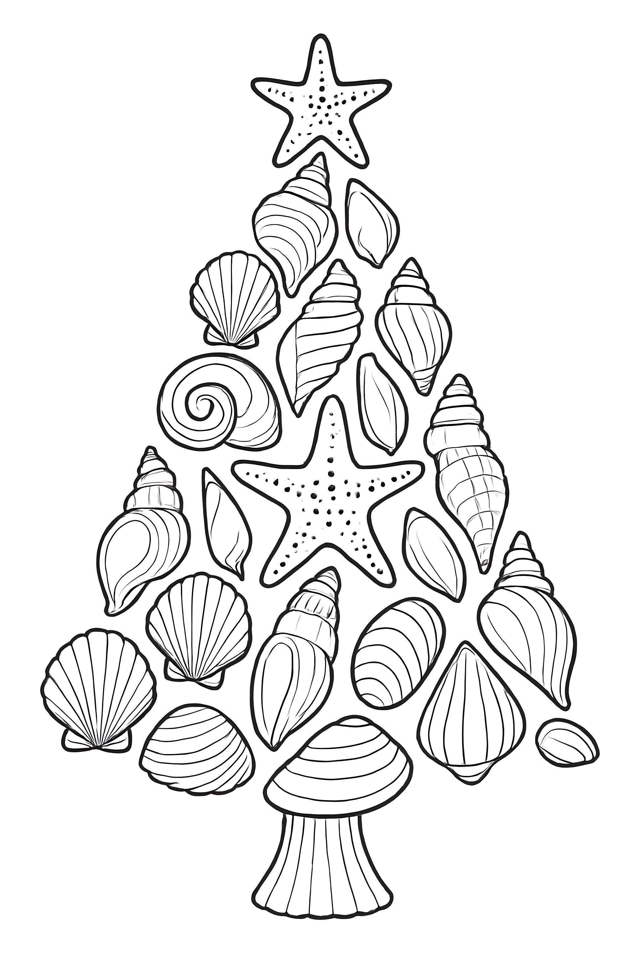 A Christmas tree formed from various seashells and a starfish on top, arranged in a triangular shape.