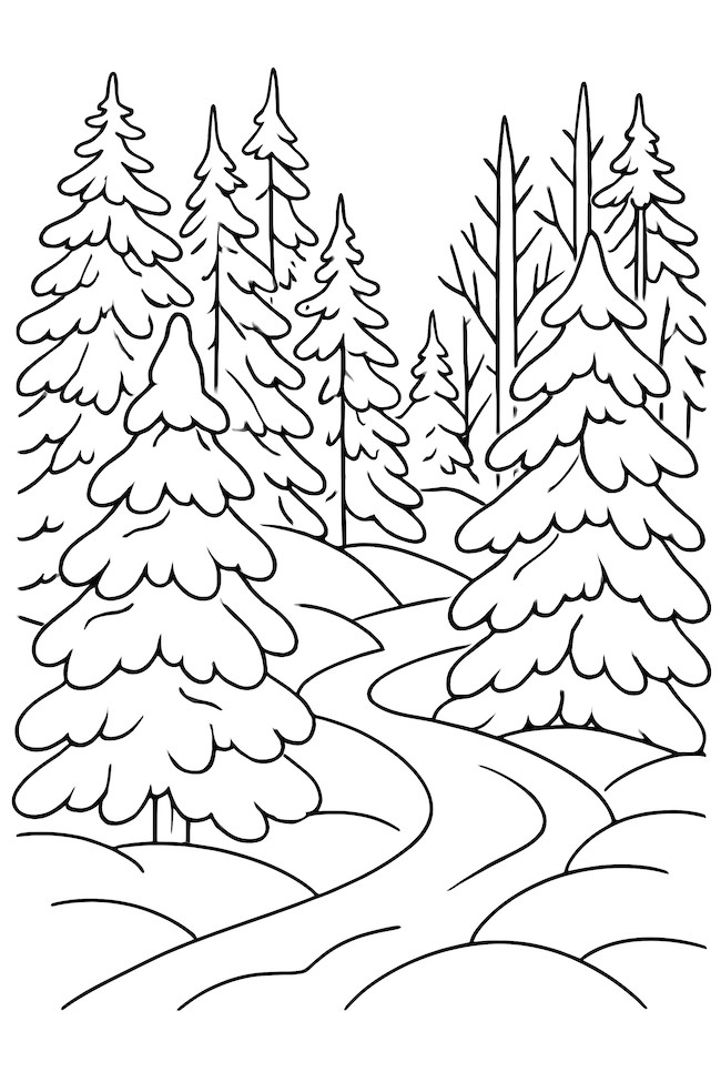 Coloring page of a serene winter forest with tall, snow-covered trees and a winding path among the snow
