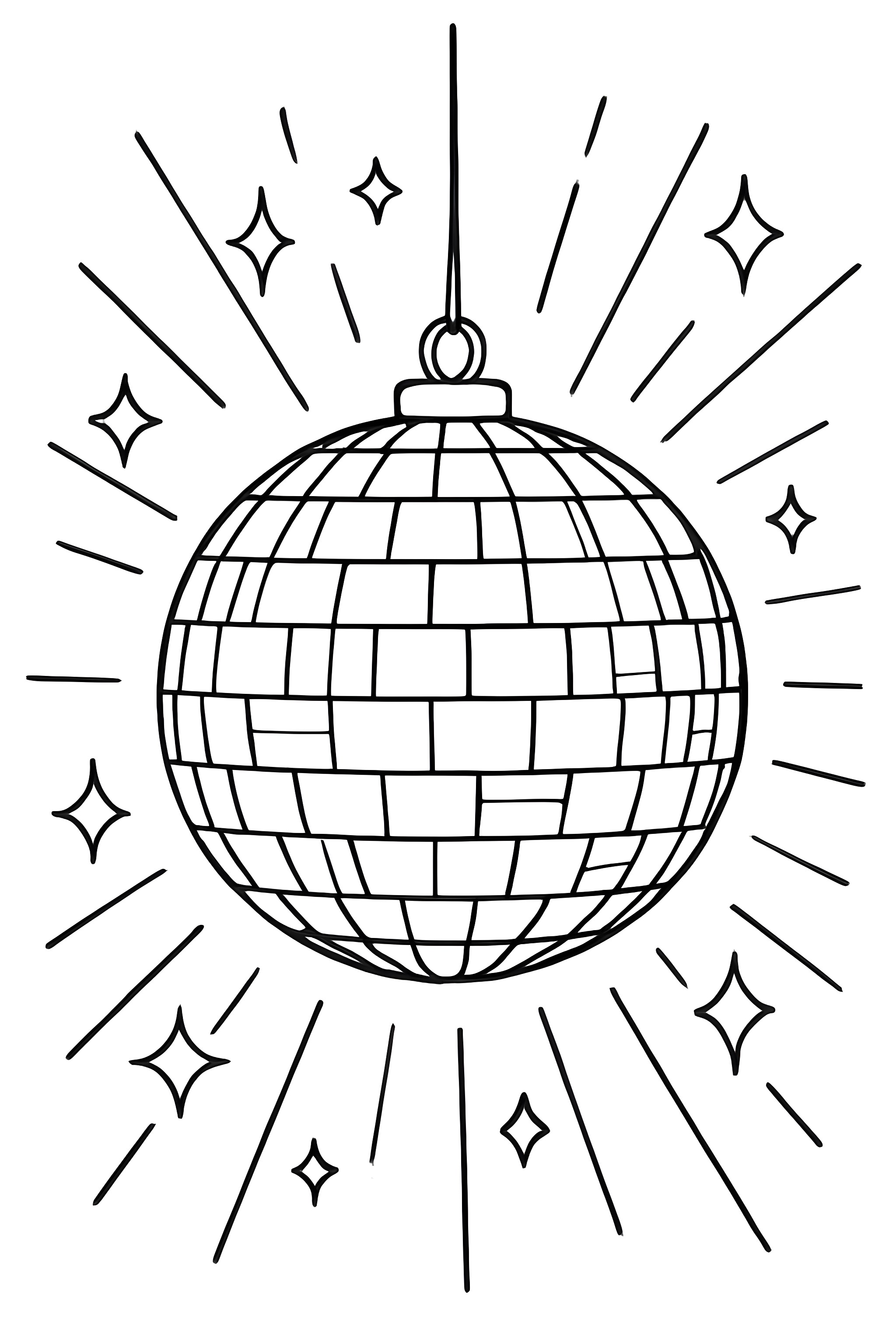A shiny disco ball ornament reflecting light patterns with surrounding starburst designs