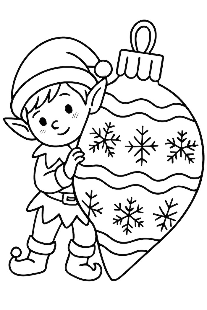 Elf peeking from behind a large ornament decorated with snowflakes and stripes