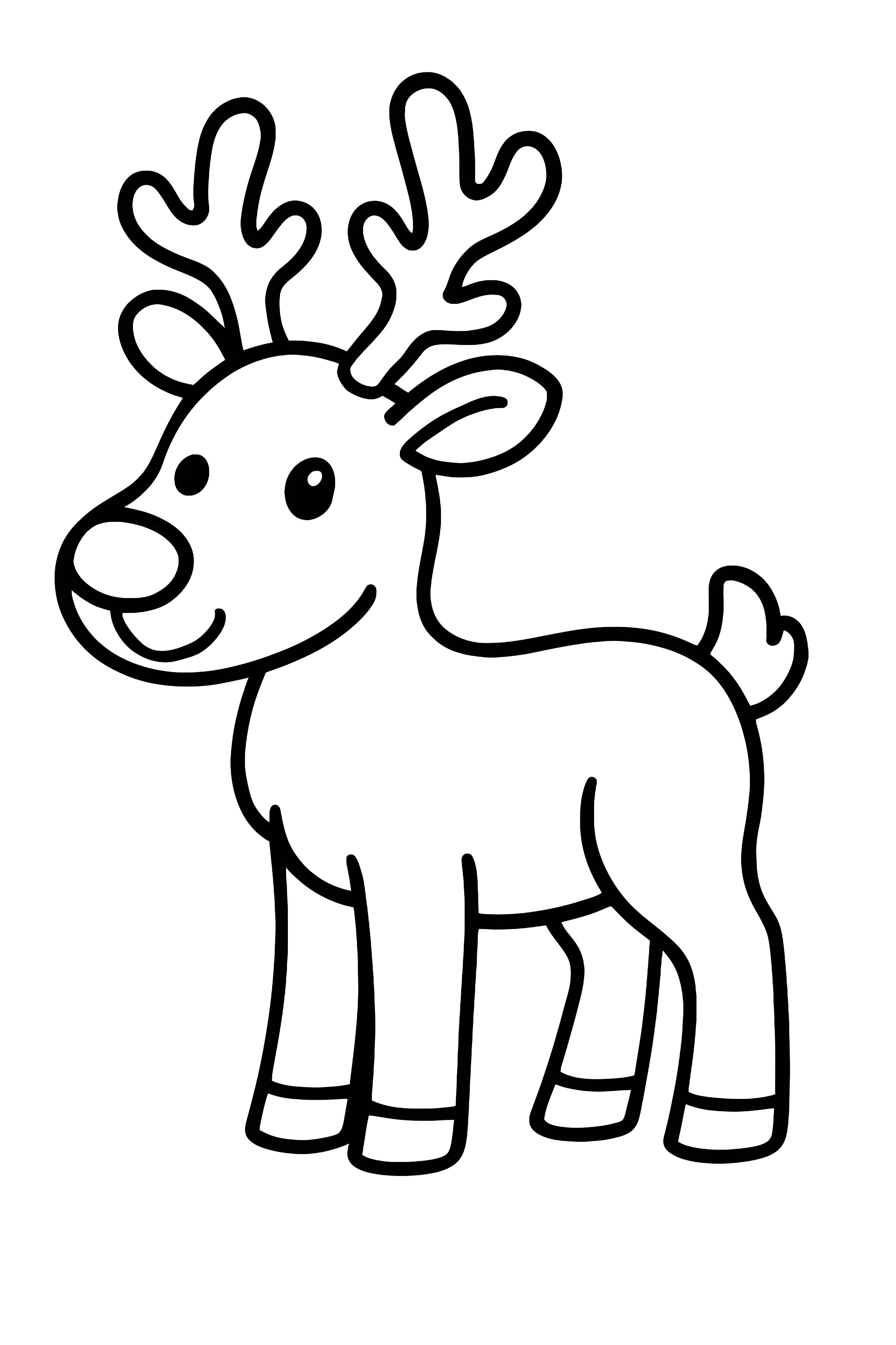 Coloring page featuring a reindeer turned sideways with prominent antlers, large eyes, and a rounded body