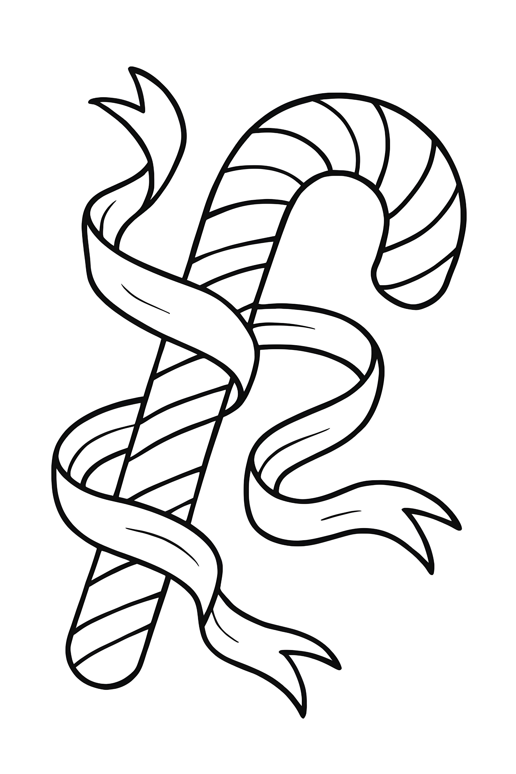 A sideways candy cane wrapped with flowing ribbons, featuring striped detail and graceful curves