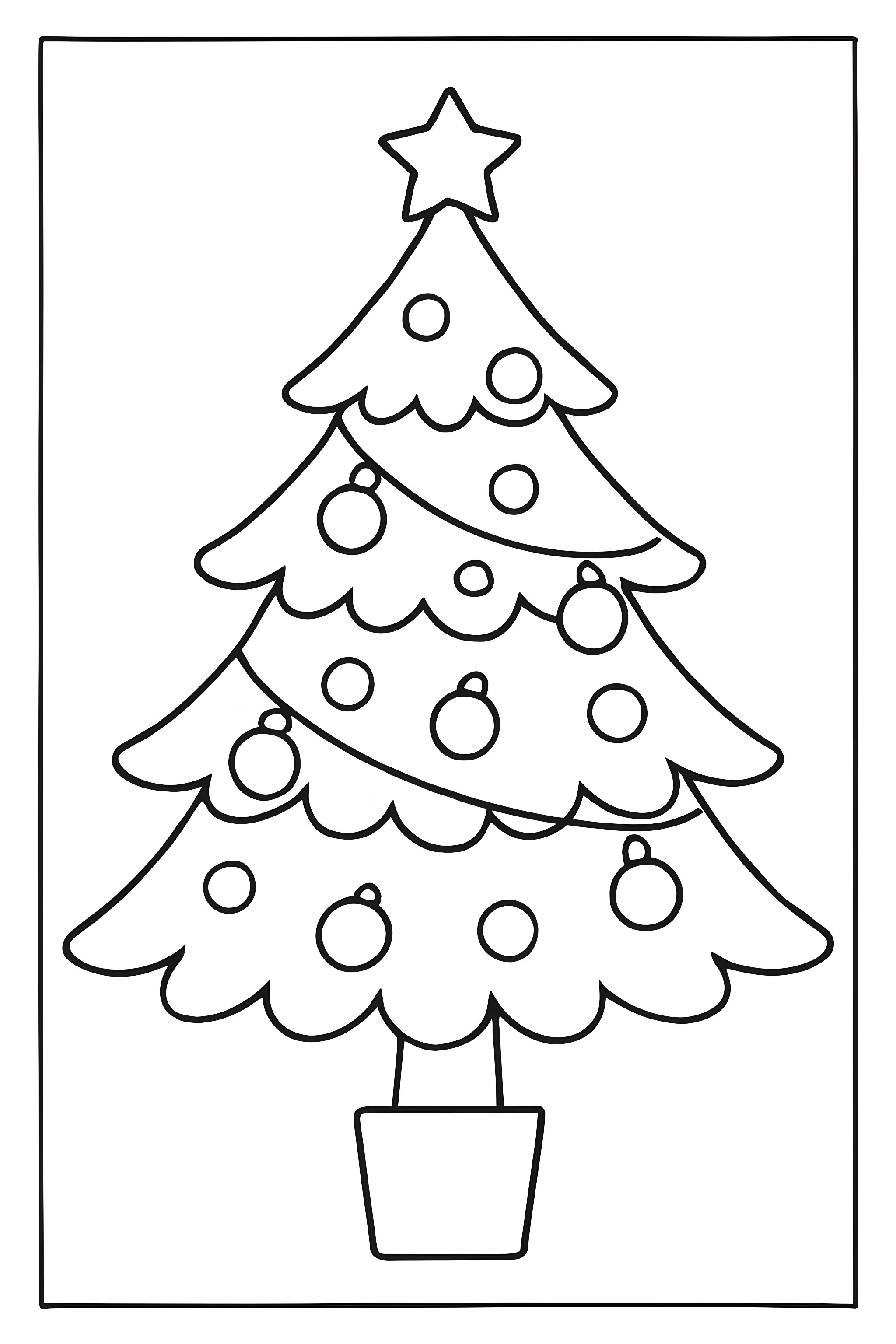 Coloring page of a Christmas tree adorned with round baubles and a star on top, in a pot.
