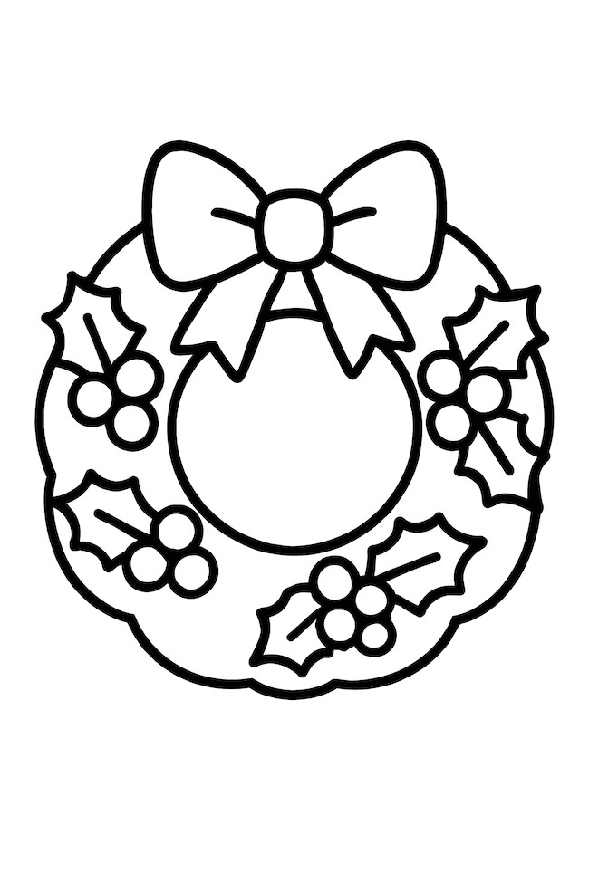Illustration of a Christmas wreath adorned with holly leaves, berries, and a large bow at the top