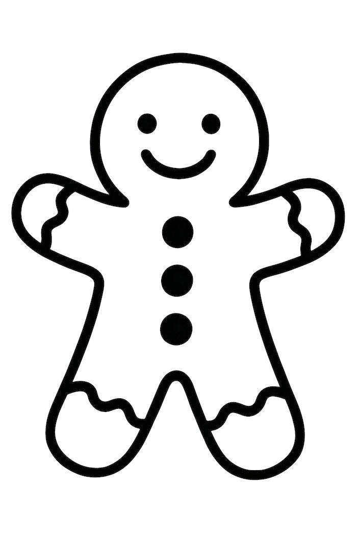 Coloring page of a gingerbread man with a simple smile and button details