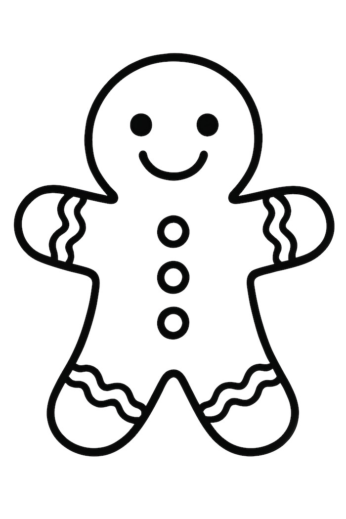 Coloring page of a simple gingerbread man featuring icing details and button designs