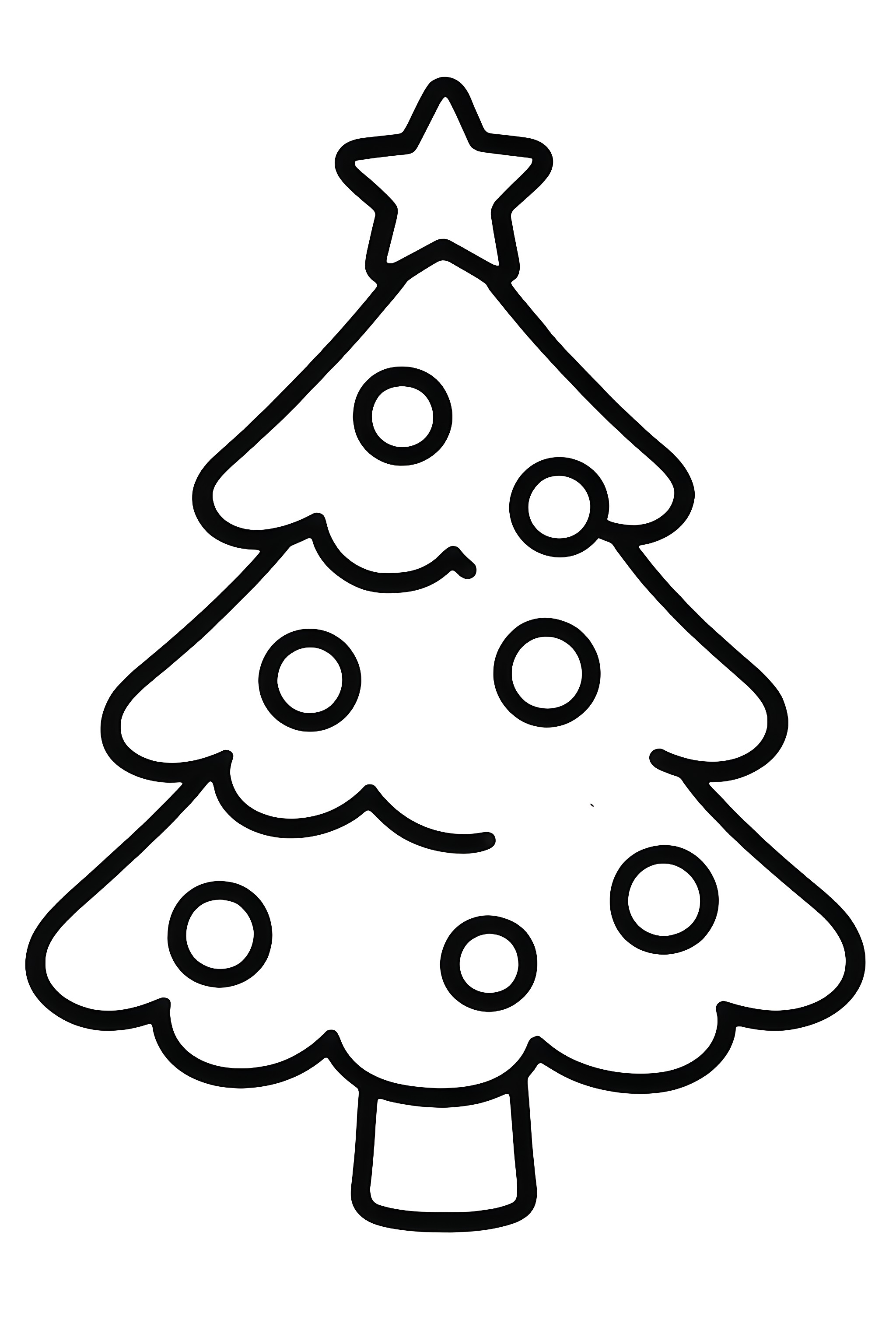 Coloring page of a spruce Christmas tree adorned with scattered round ornaments and a star on top