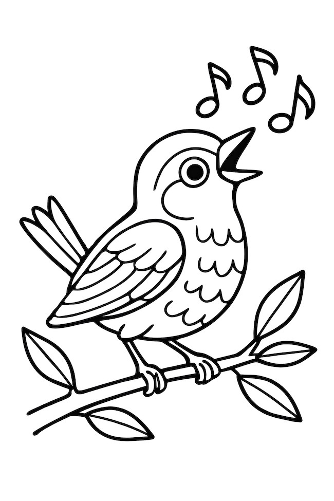 Coloring page of a small bird singing on a branch with musical notes above
