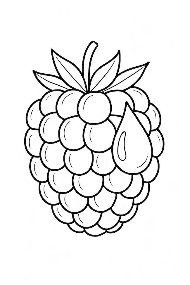 Coloring page of a single blackberry with a dewdrop resting on its surface