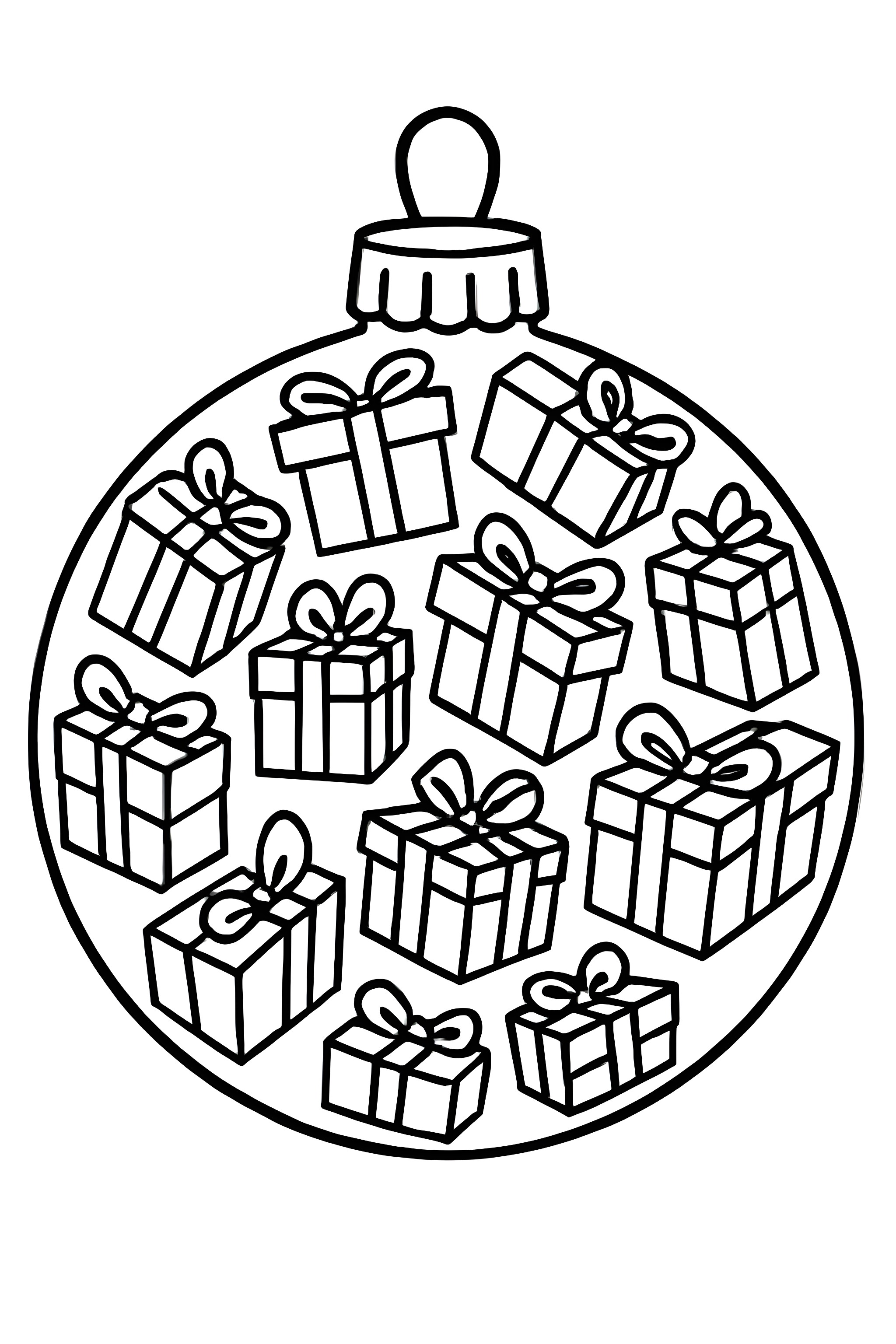 Coloring page of a Christmas bauble adorned with numerous tiny presents tied with bows