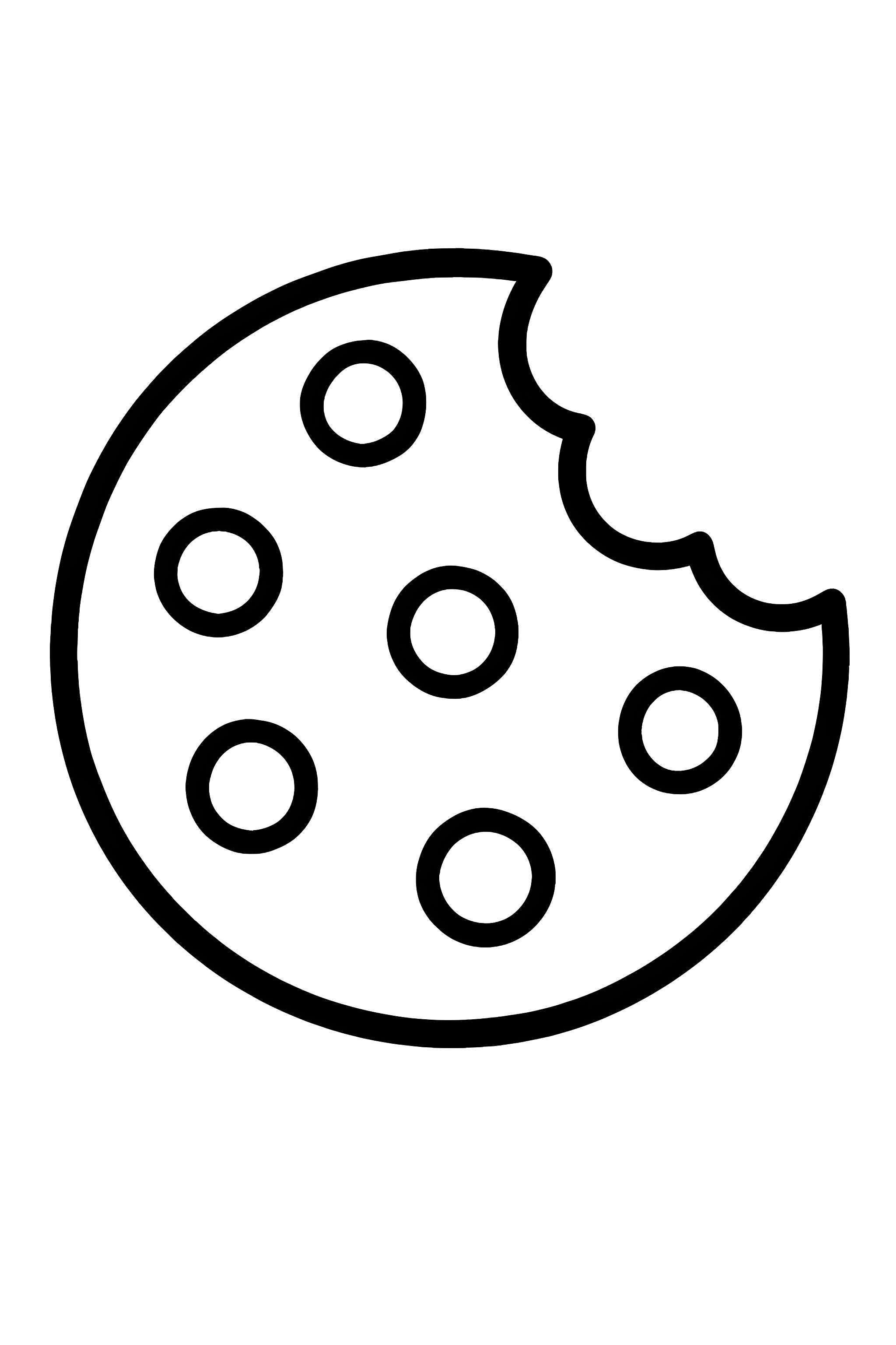 Coloring page of a cookie featuring a bite taken out and several chocolate chip spots