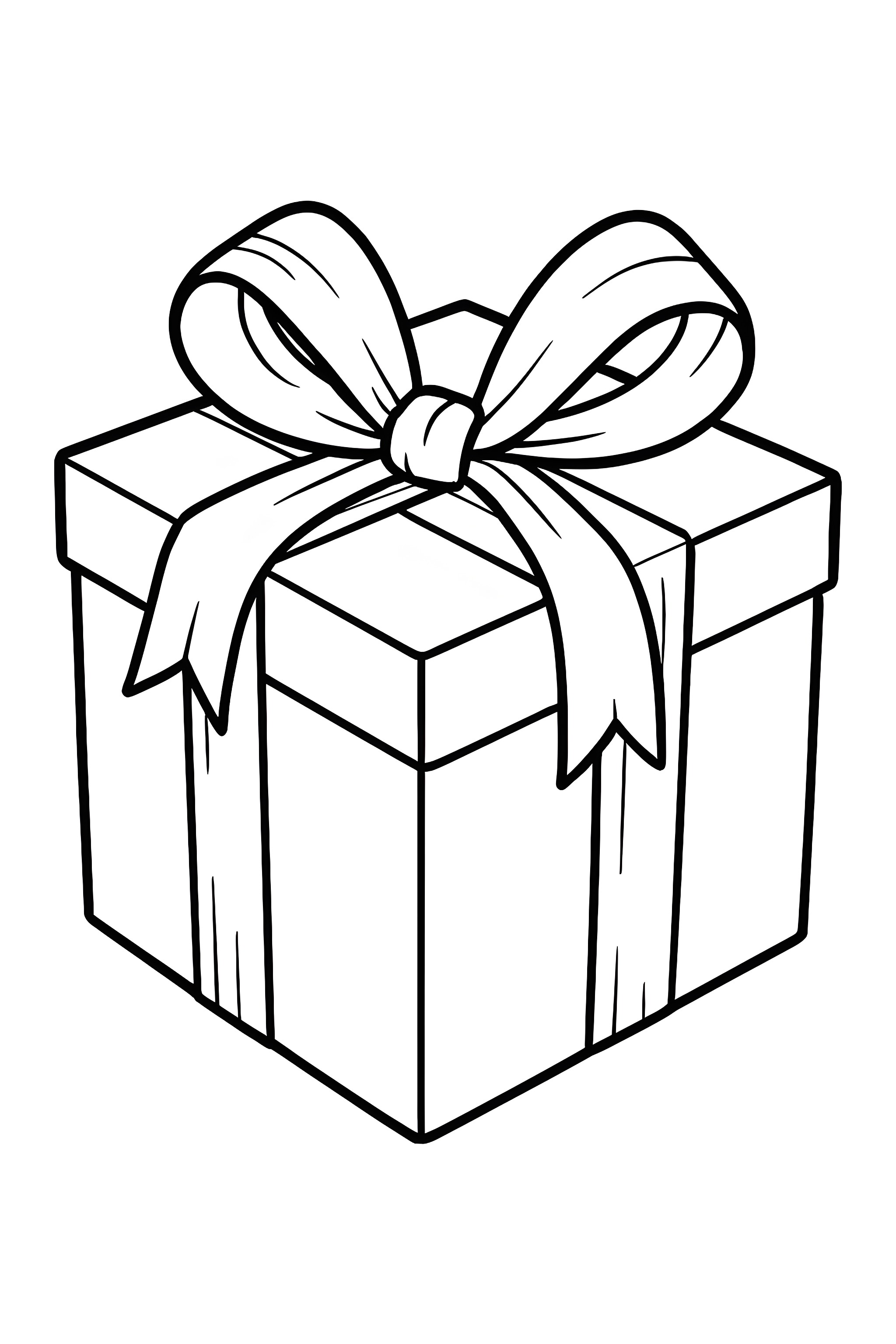 Coloring page of a single gift box wrapped in shiny gold paper with a decorative ribbon
