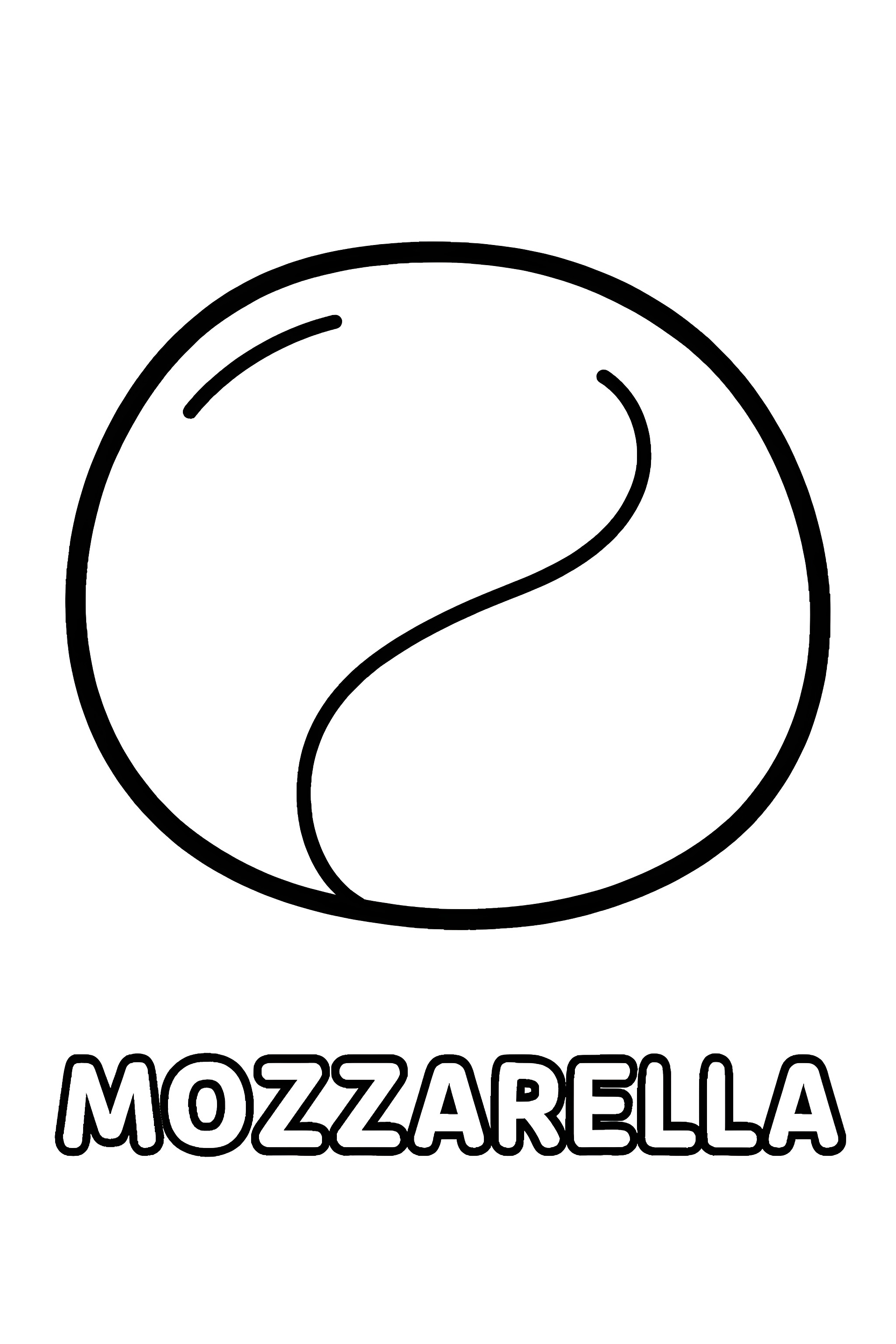 Coloring page featuring a single mozzarella ball with a curved line and the word 'MOZZARELLA' below it