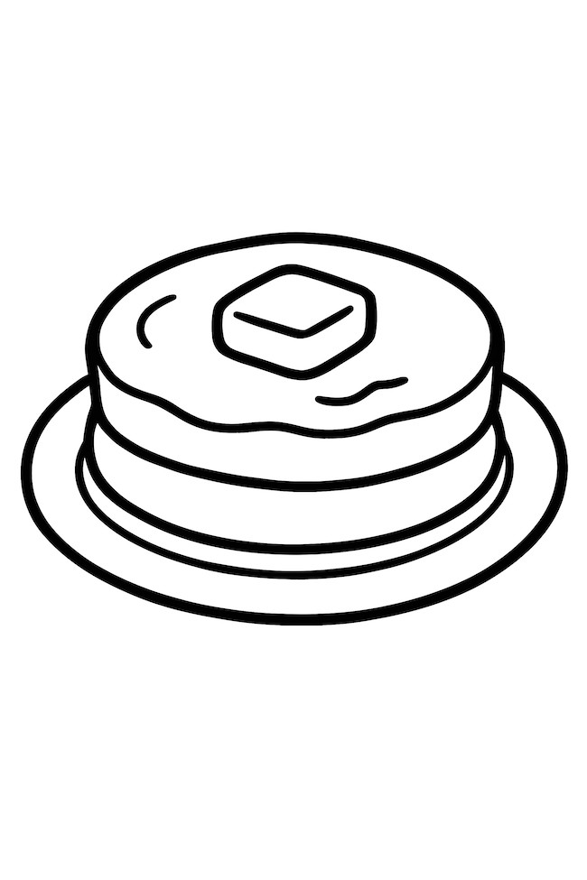 Coloring page of a single pancake stacked on a round plate with a simple design