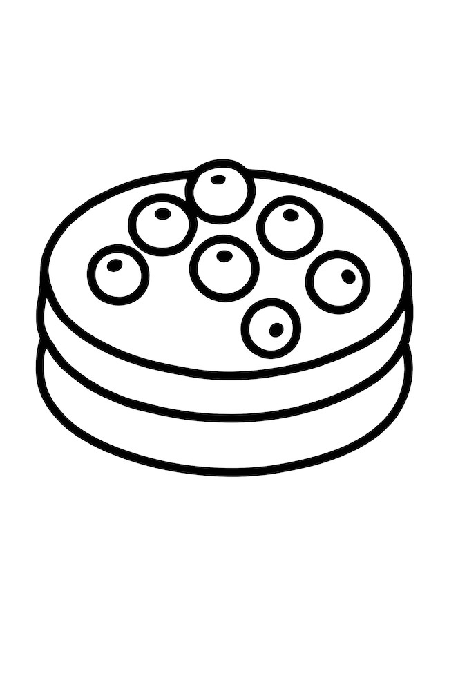 Coloring page of a single pancake topped with scattered blueberries