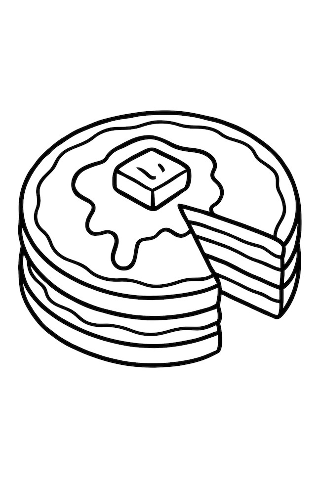 Coloring page of a single pancake with butter and syrup and a slice taken out