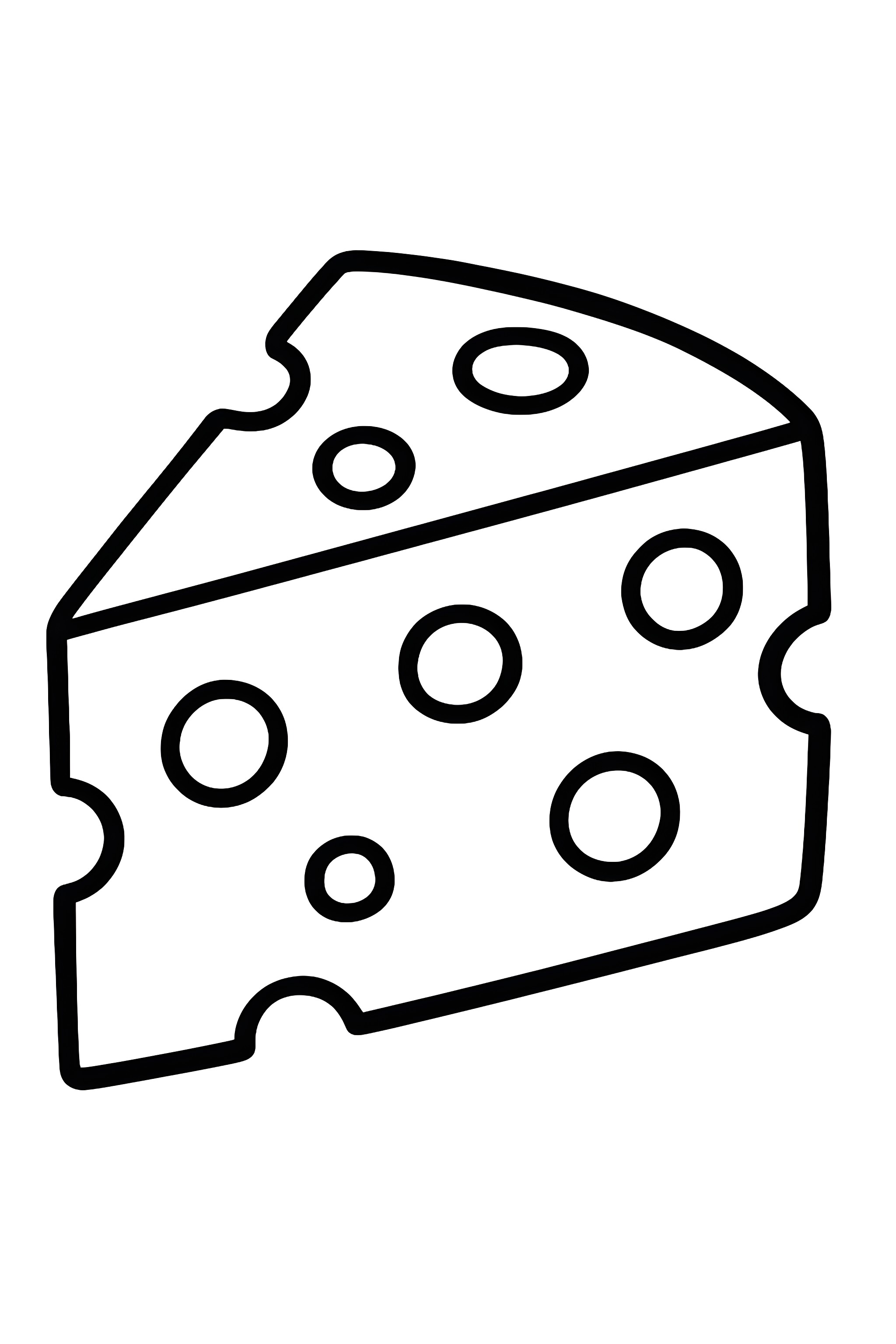 Coloring page of a single slice of Swiss cheese with multiple holes and a curved edge