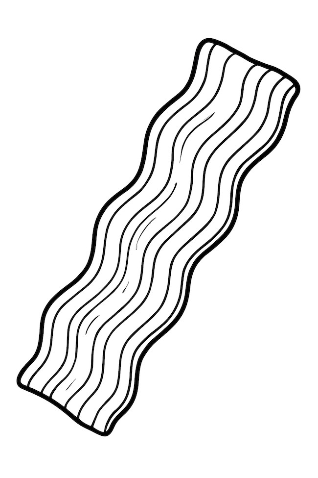 Coloring page of a single piece of wavy bacon depicted diagonally with distinct curves and lines