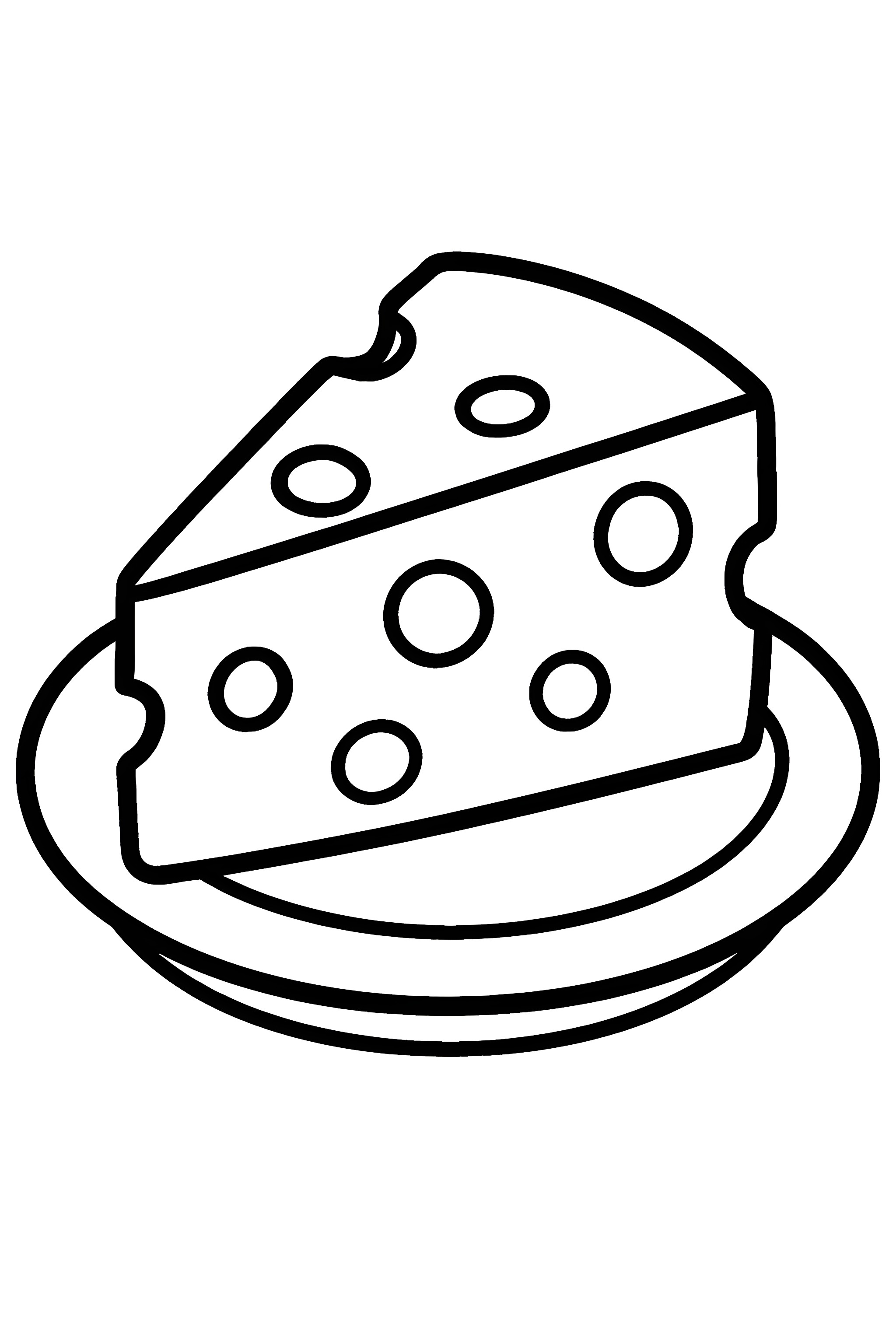 Coloring page featuring a wedge of Swiss cheese on a circular plate, showcasing its distinctive holes and triangular shape