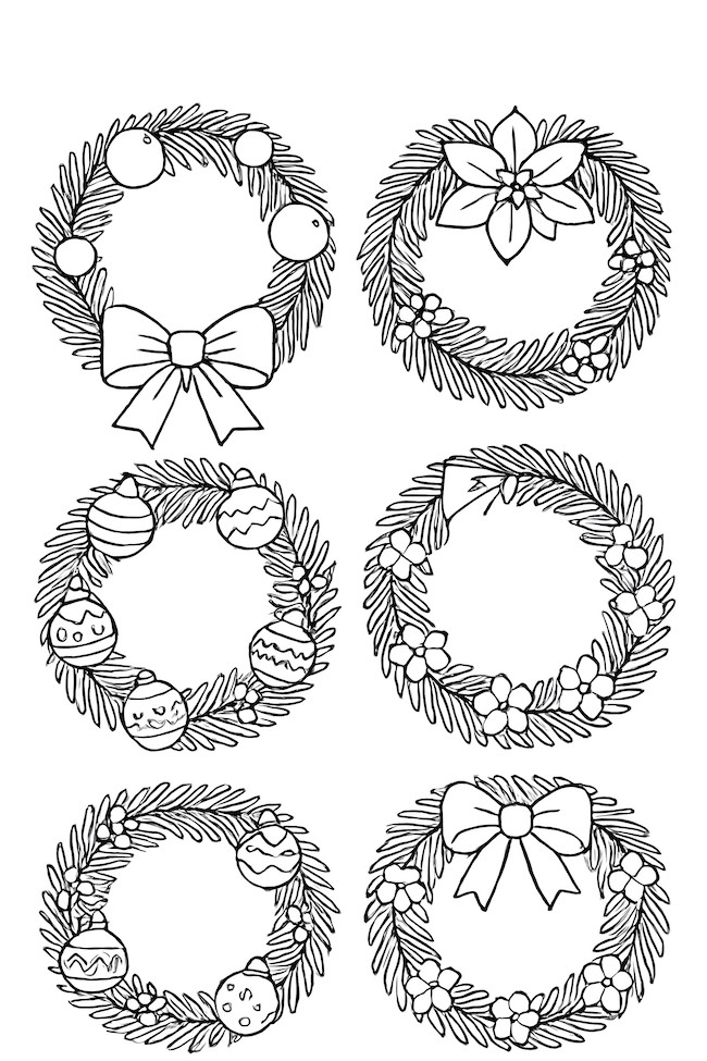 Coloring page of six distinct Christmas wreath styles featuring ornaments, bows, and floral accents