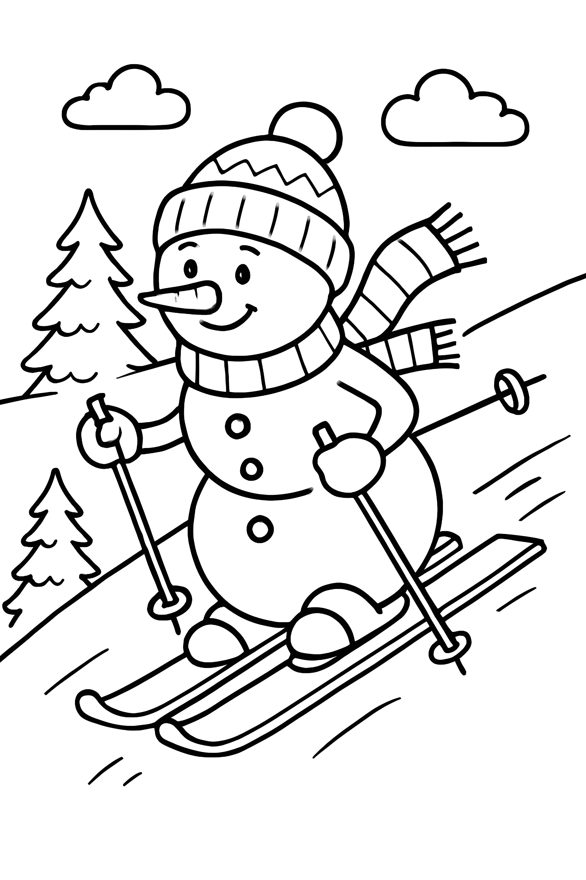 A snowman skiing down a hill, wearing a hat and scarf, with trees and clouds in the background
