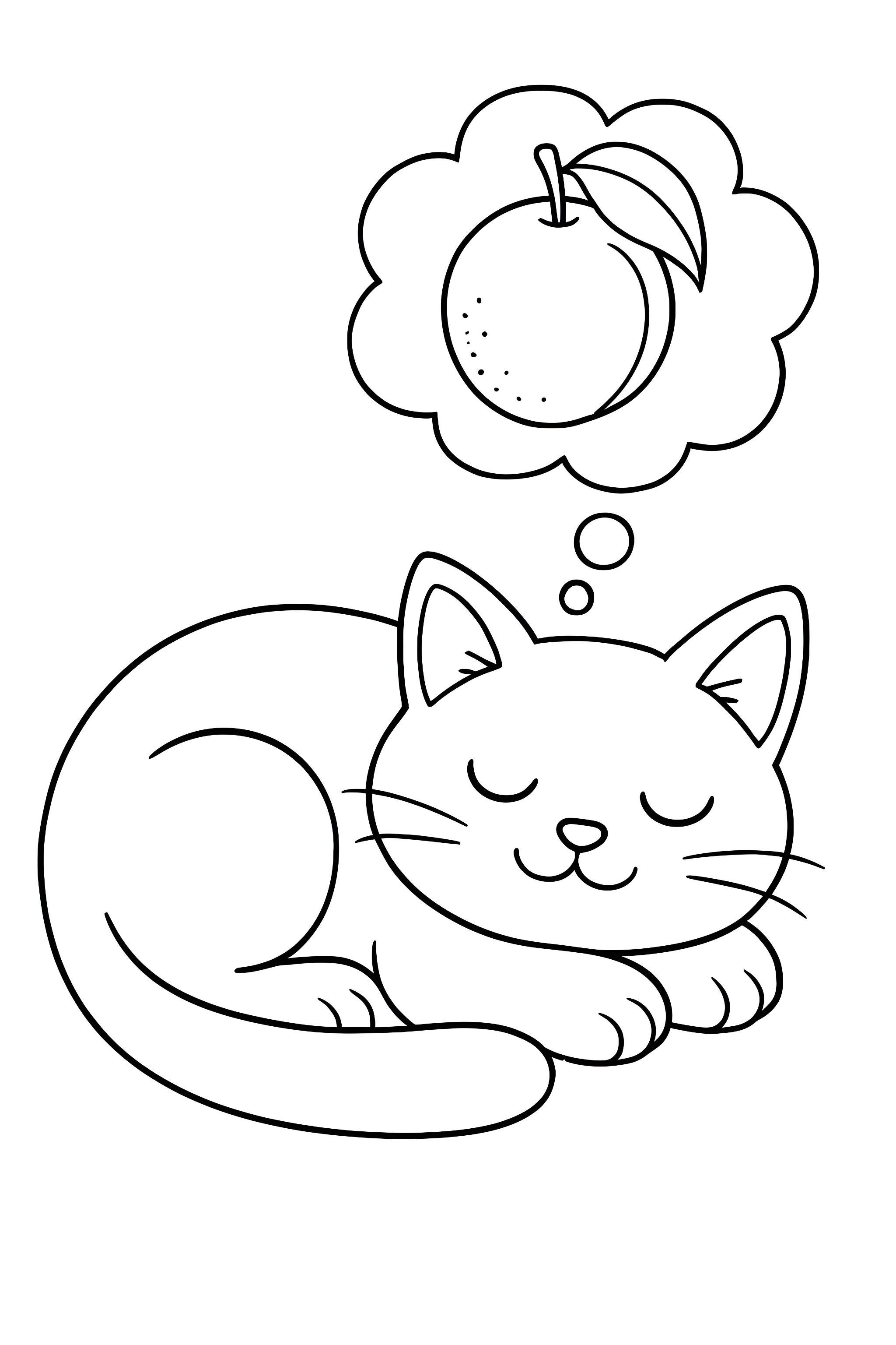 A sleeping cat with a thought bubble containing an orange fruit