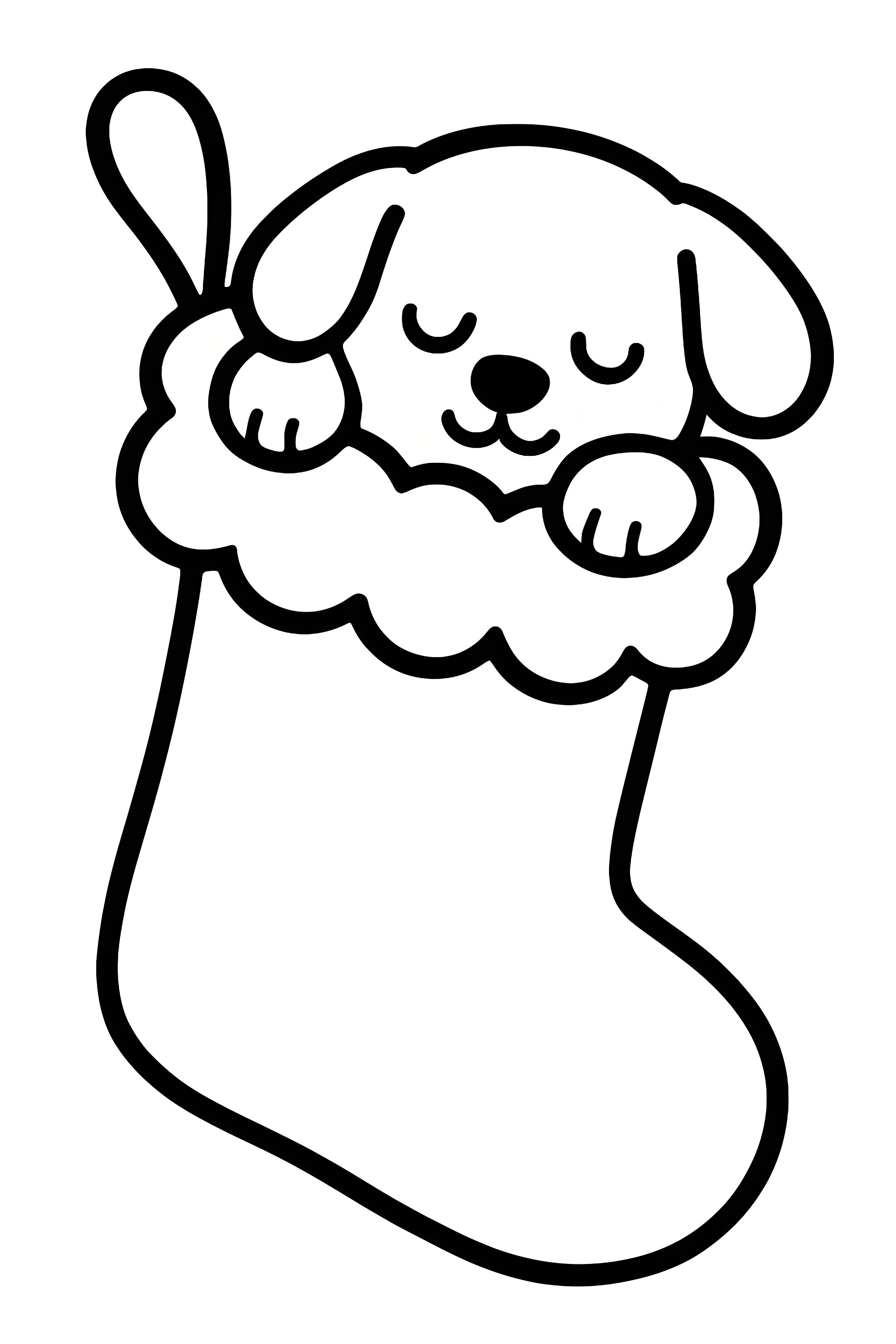 Coloring page of a Christmas stocking containing a sleeping puppy, featuring fluffy trim and a curled tail