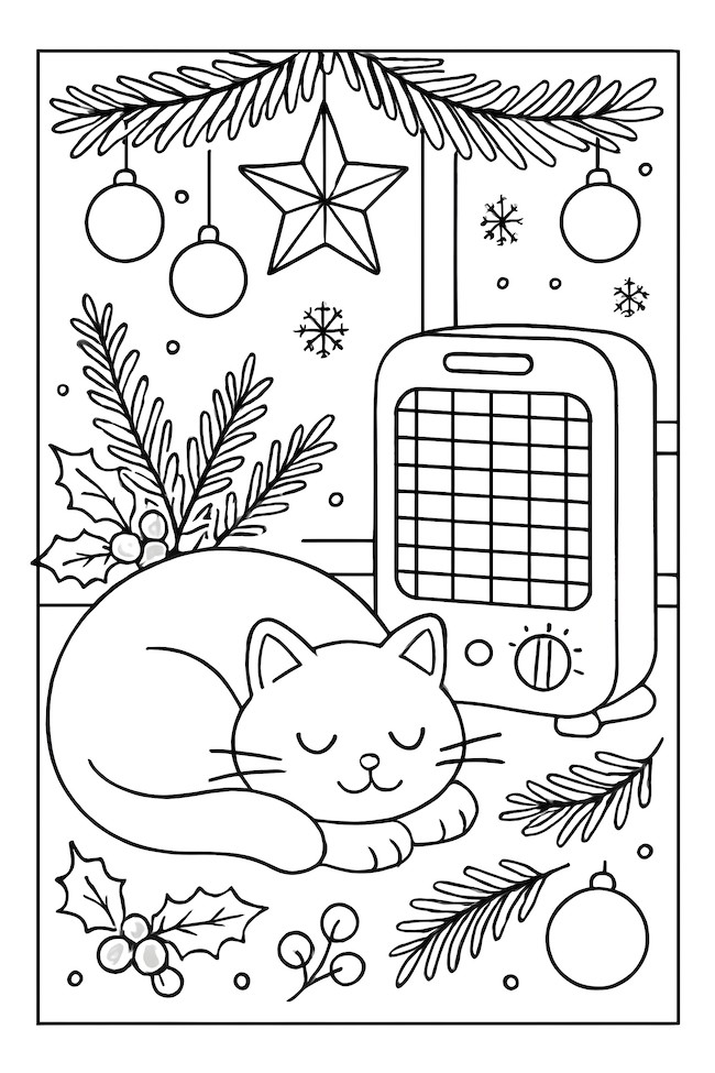 Cozy scene of a sleeping cat curled up next to a space heater, surrounded by holiday decorations including a star and ornaments