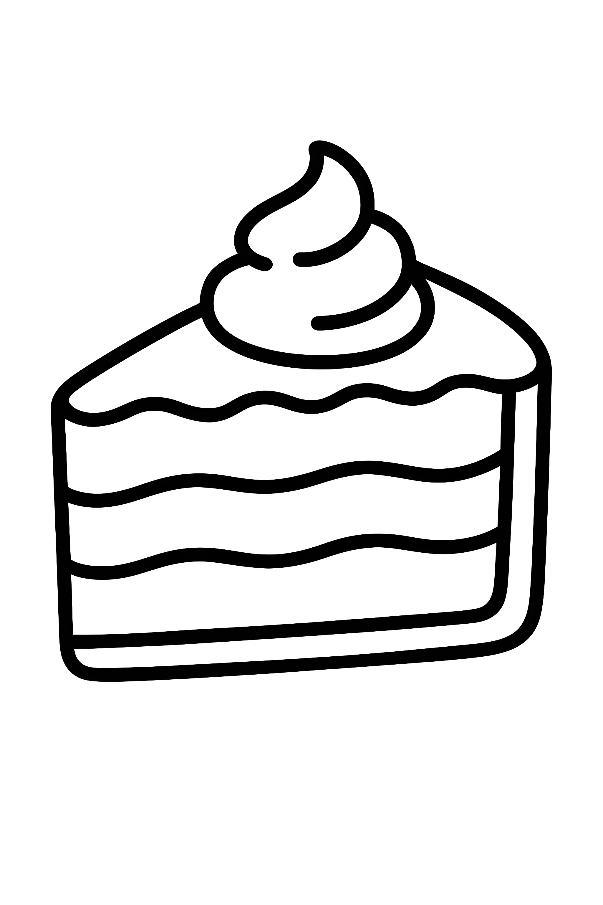 Coloring page featuring a slice of cake with layered filling and topped with swirled icing decoration