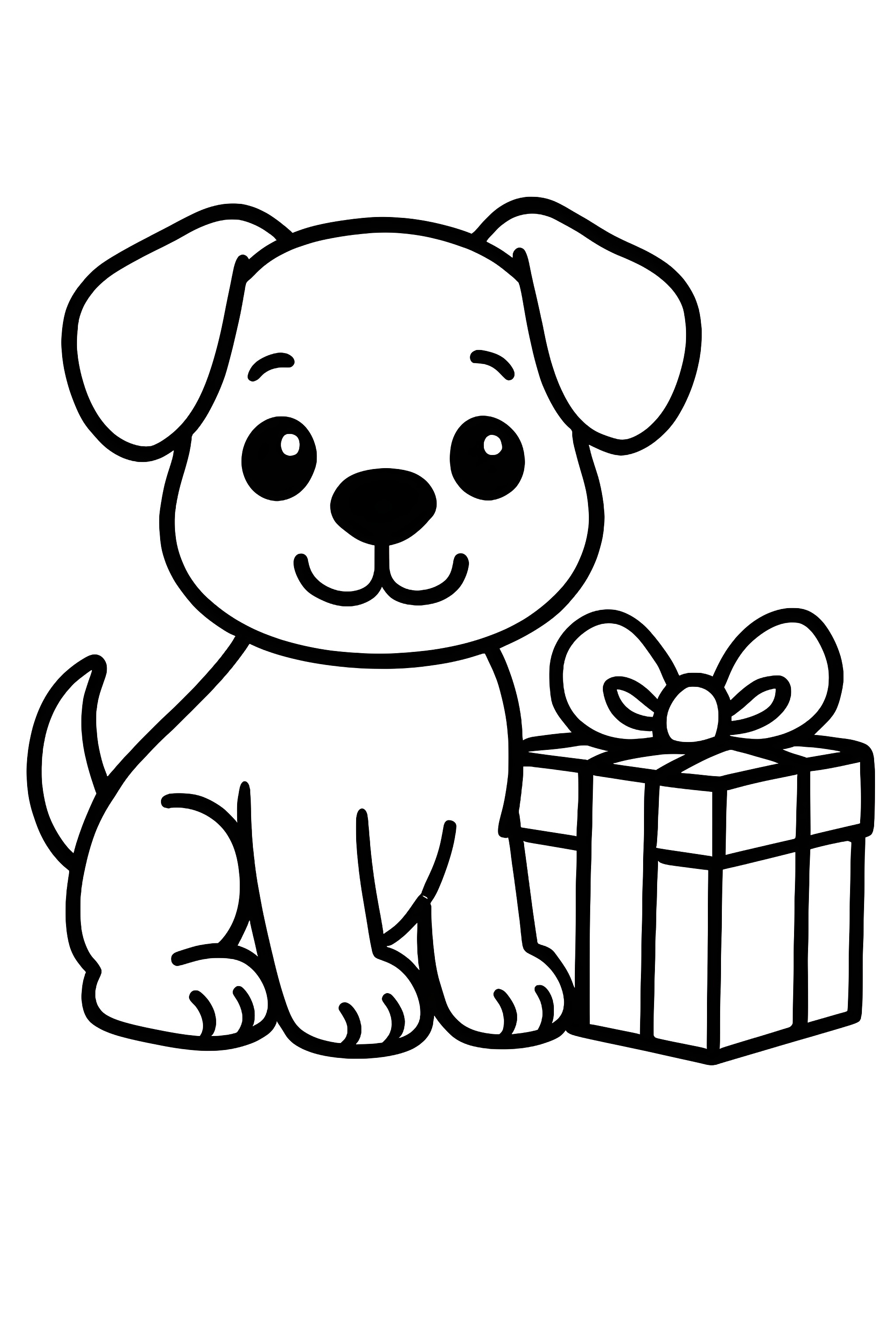 Coloring page of a small puppy sitting beside a decorated Christmas present with a bow