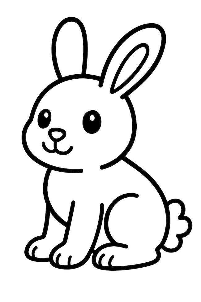Coloring page of a small rabbit sitting on its hind legs with large ears and a rounded tail