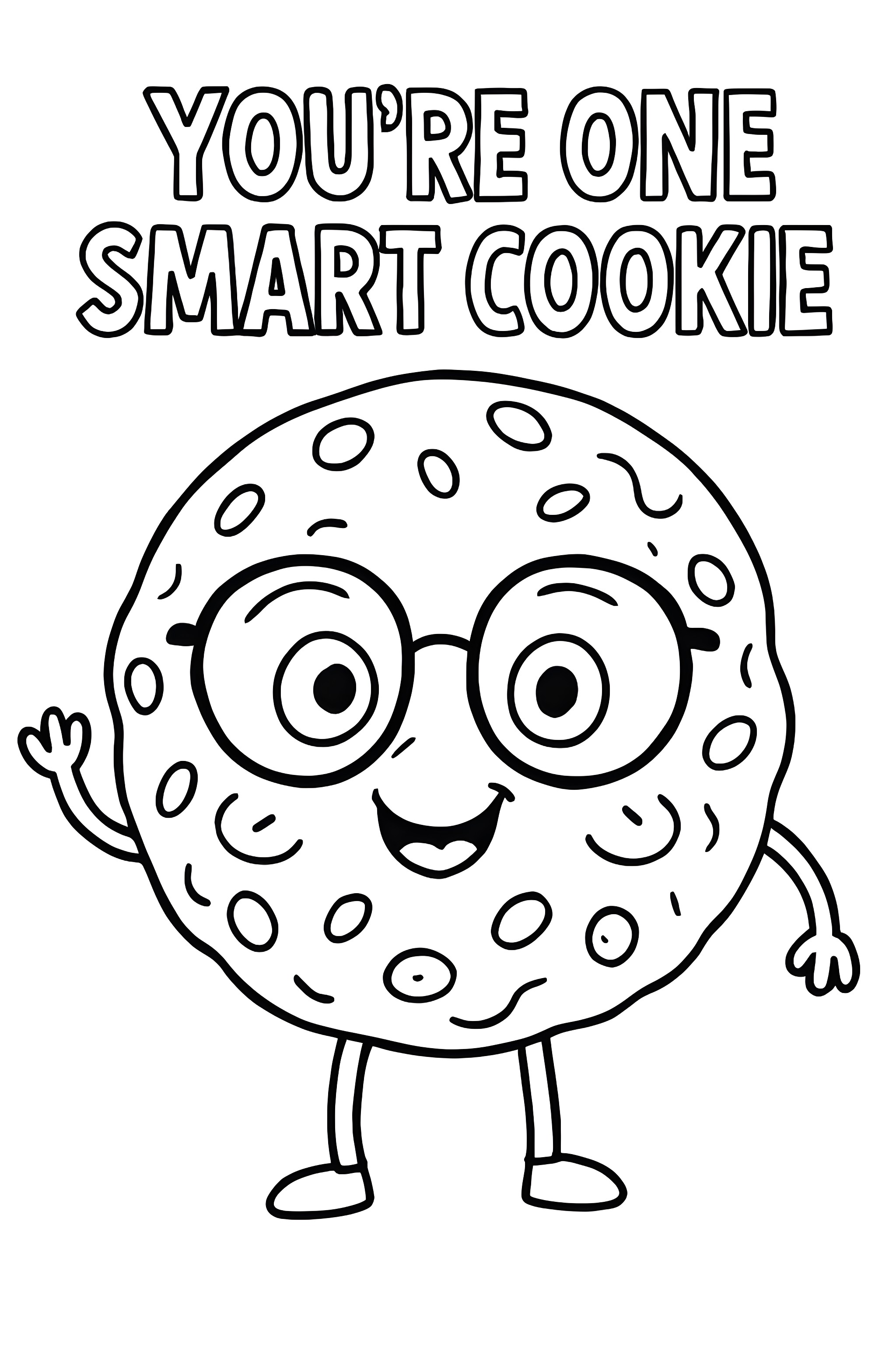Coloring page of a smiling cookie character wearing glasses, waving and surrounded by the text 'You’re one smart cookie'