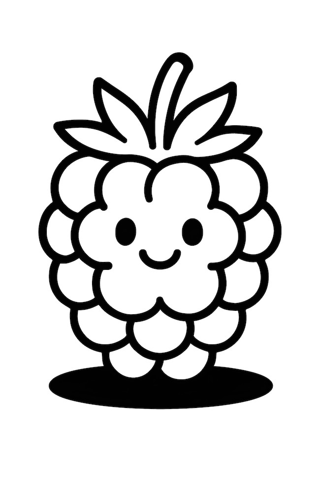 Coloring page featuring a smiling blackberry with rounded segments and a shadow cast on the ground