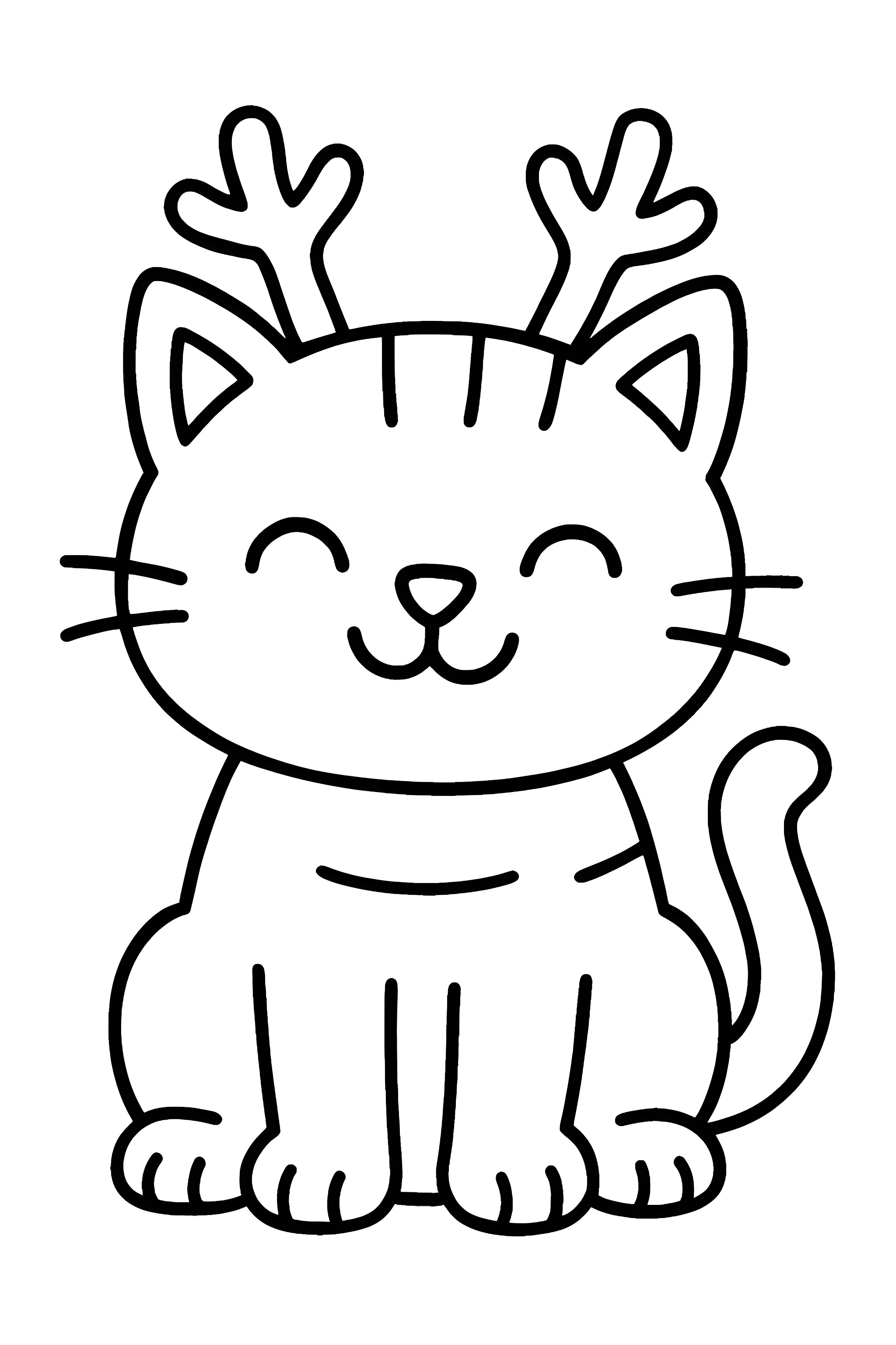 A smiling cat wearing reindeer antlers with a curled tail and upright ears