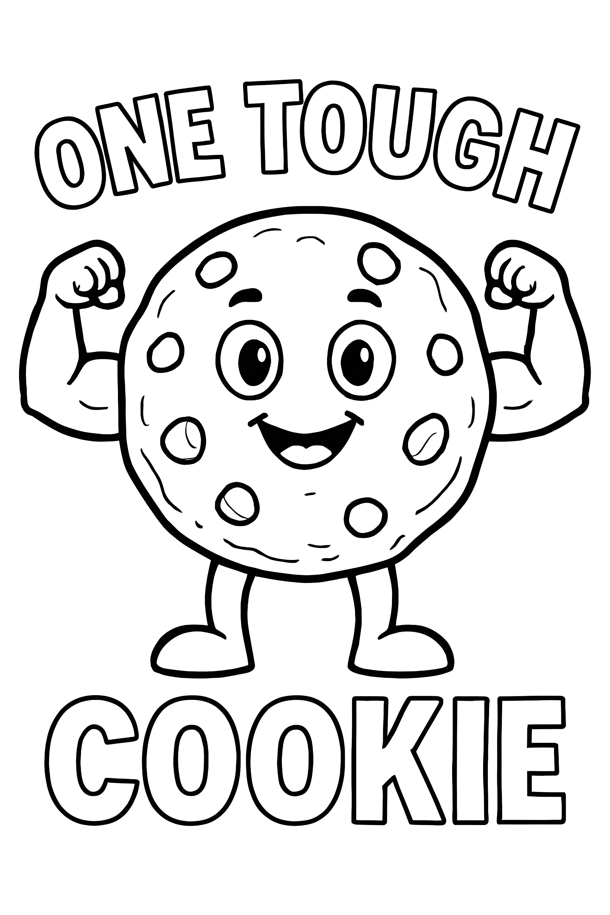 Coloring page of a smiling cookie character flexing its bicep muscles with the text 'One Tough Cookie' above it