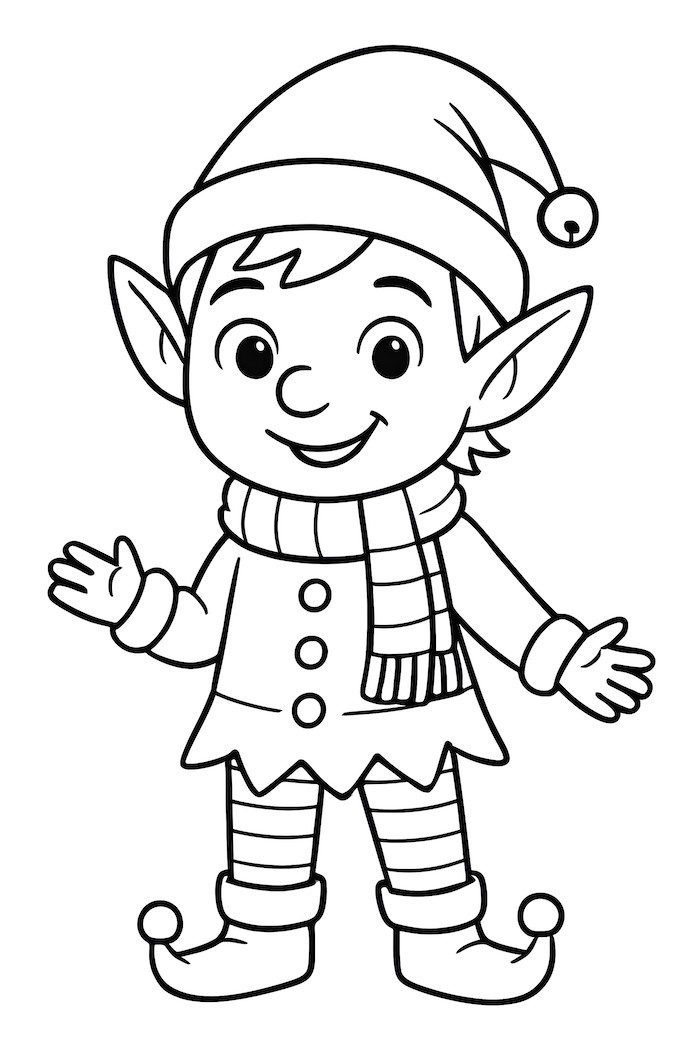 Coloring page of a smiling elf with pointy ears wearing a scarf and a festive hat