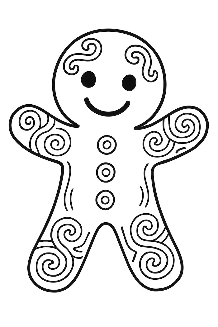 Gingerbread man with a smiling face and icing swirl designs on arms and body