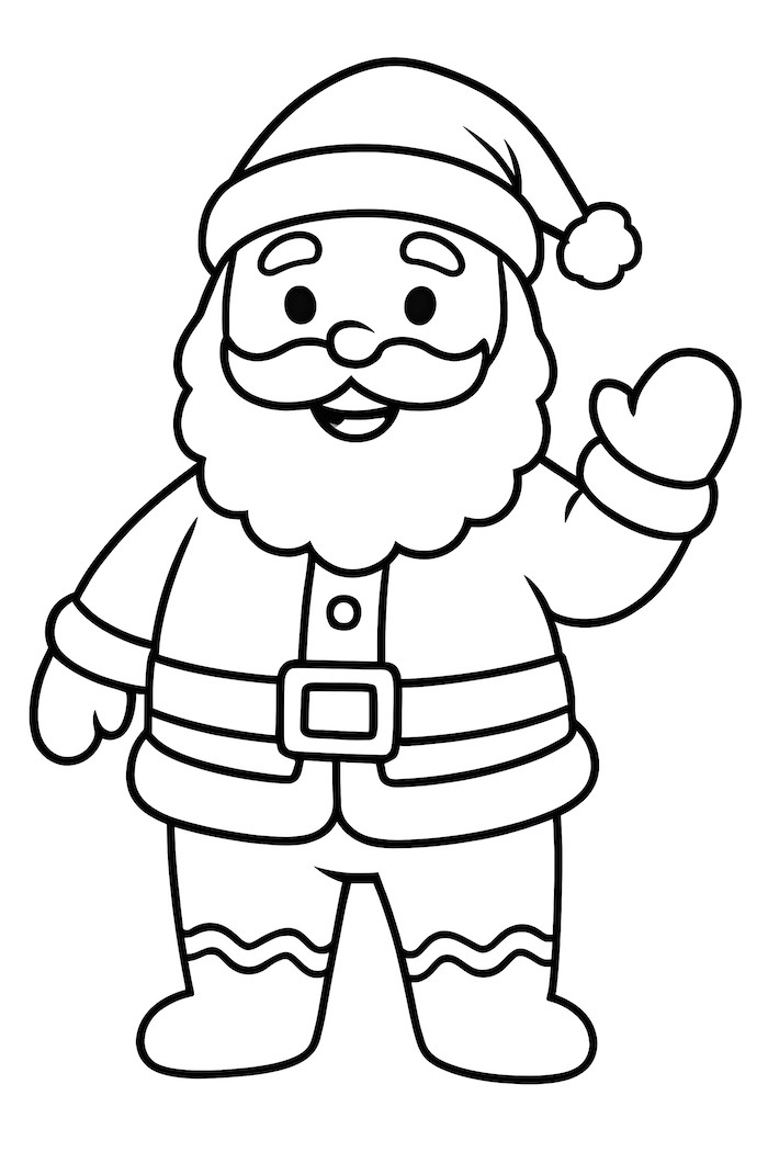 Coloring page of a smiling gingerbread Santa Claus with a big belly and waving hand