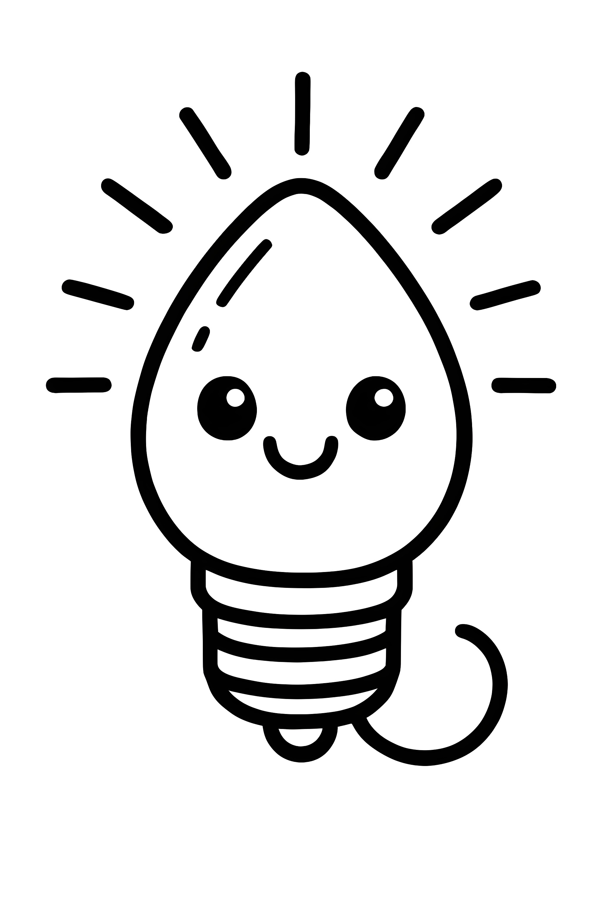 Coloring page of a smiling LED Christmas light bulb with radiating lines around it