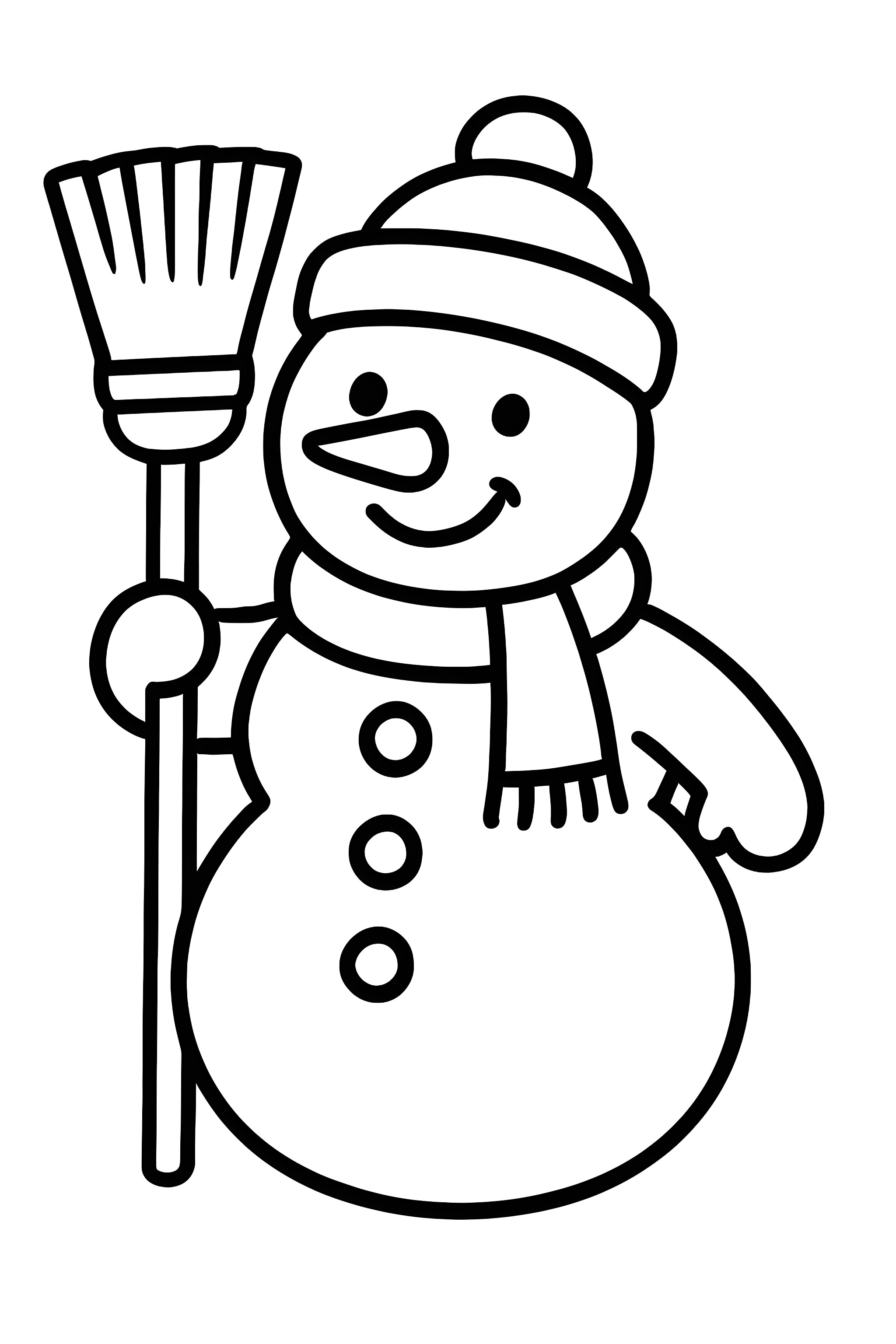 Coloring page of a smiling snowman wearing a hat and scarf, holding a broomstick in its right hand