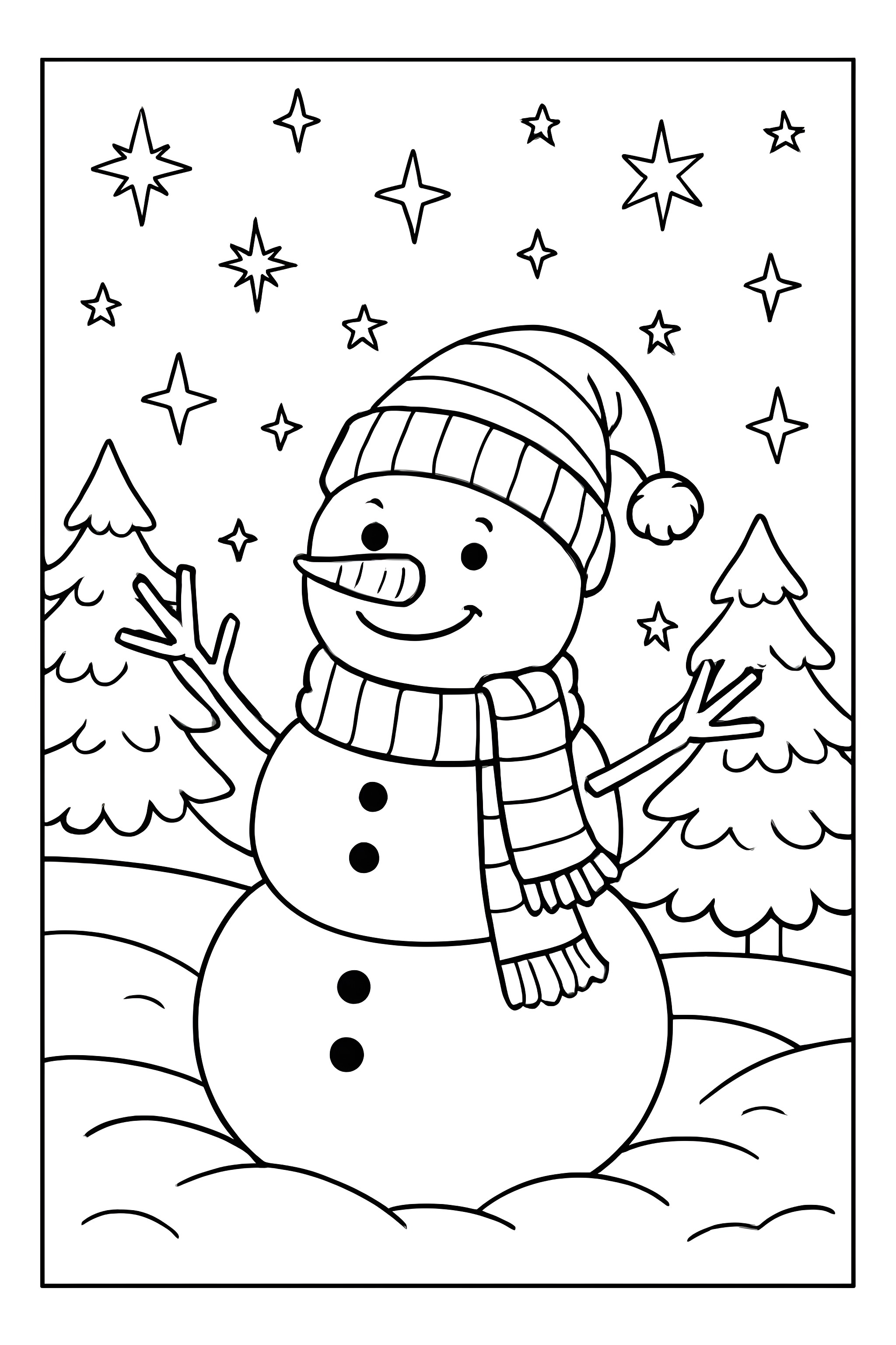 Coloring page of a smiling snowman wearing a striped hat and scarf, surrounded by winter trees and twinkling stars
