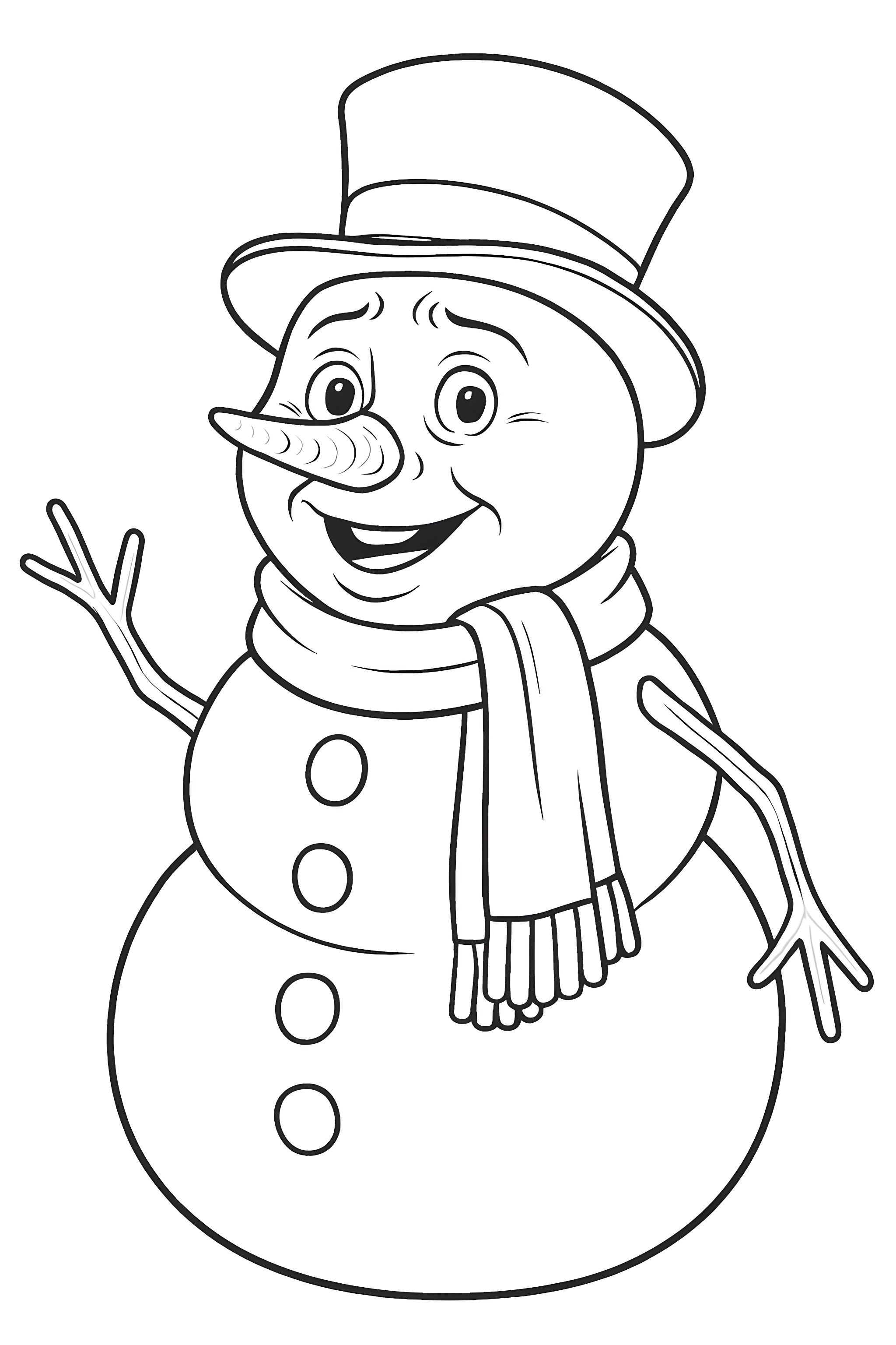 Coloring page of a smiling snowman wearing a top hat and scarf, with realistic facial expressions and a waving pose