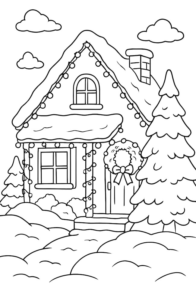 Coloring page of a snow-covered cottage decorated with Christmas lights and surrounded by trees