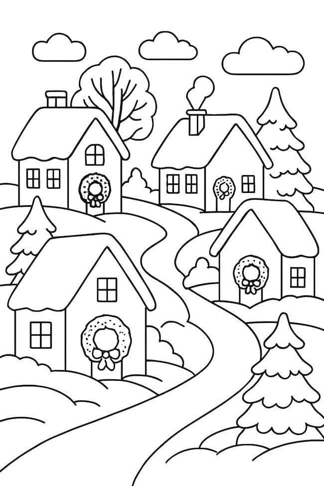 Coloring page of a snow-covered village with wreaths on each door and trees in the background