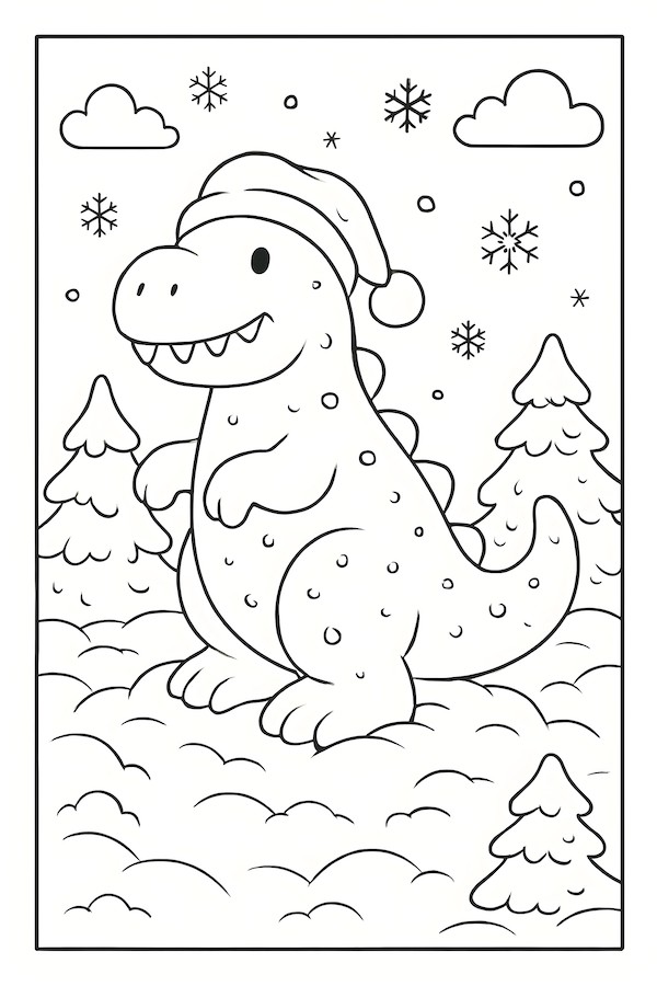 Coloring page of a large dinosaur made of snow wearing a Santa hat, surrounded by snowflakes and pine trees