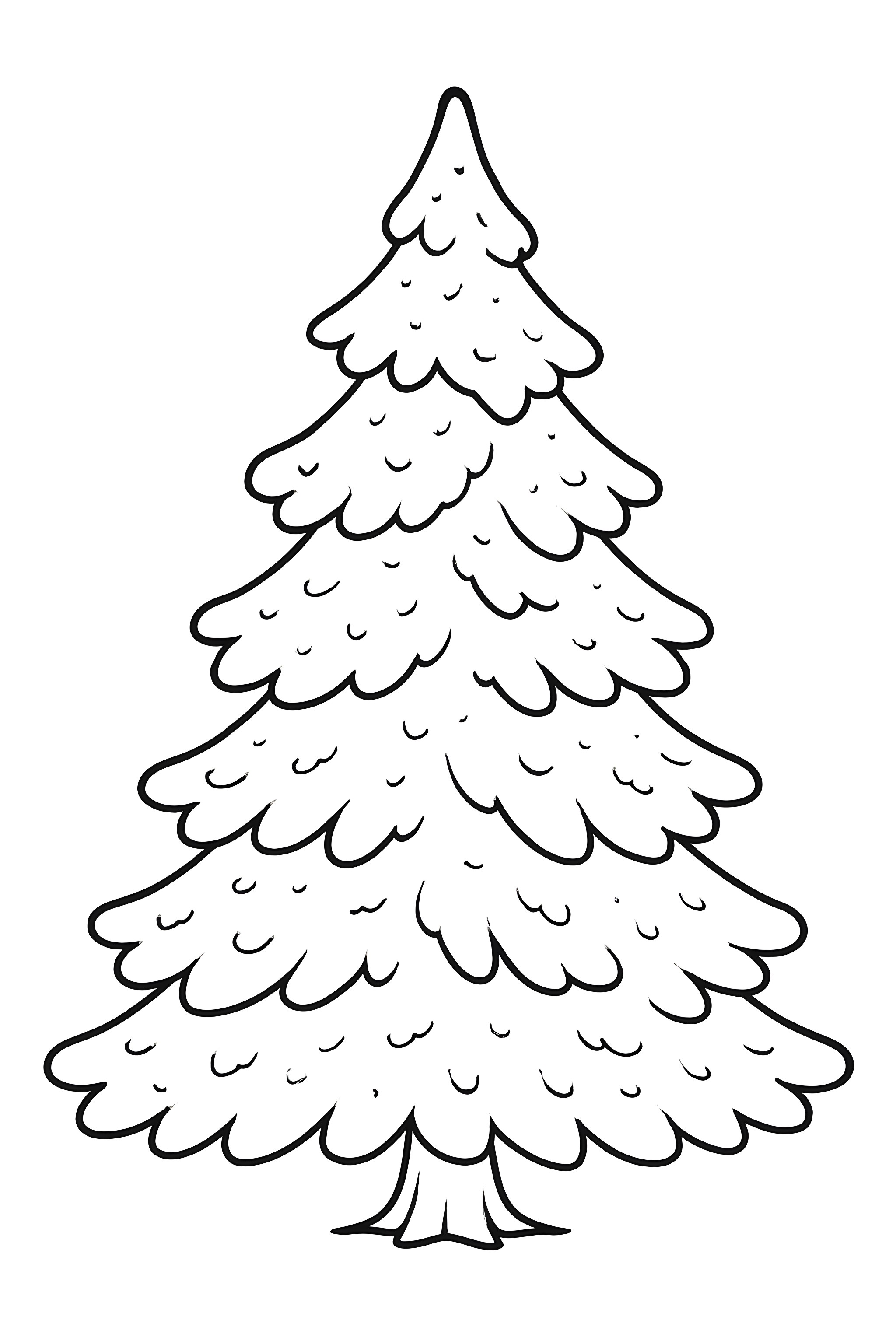 A Christmas tree with snow dusting its branches, featuring layered, wavy foliage and a simple trunk